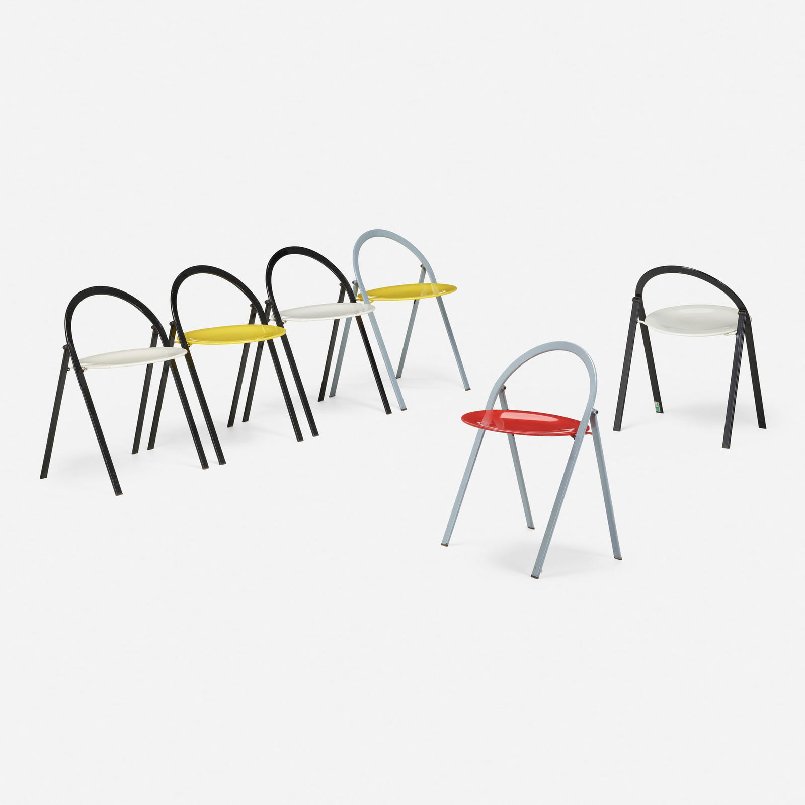 Giorgio Cattelan, Folding chairs, set of six: Giorgio Cattelan Folding chairs, set of six CidueItaly, c. 1975enameled steel 27.5 h x 20 w x 19 d in (70 x 51 x 48 cm) Decal manufacturer's label to leg of each example 'Cidue Made in I