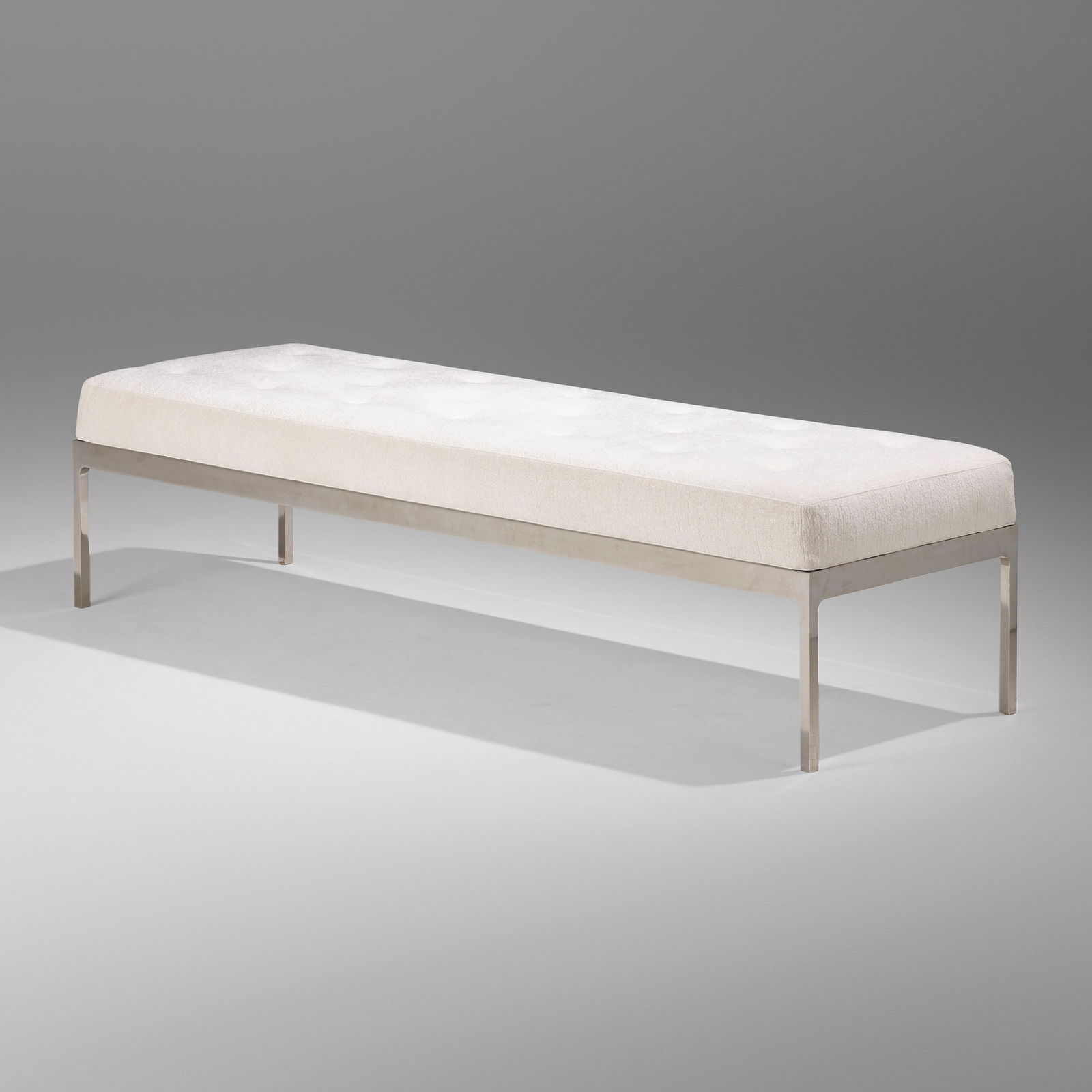 Brueton, Bench: Brueton Bench USA, c. 1970stainless steel, upholstery 18 h x 71 w x 22 d in (46 x 180 x 56 cm) This work will ship from Lambertville, New Jersey.