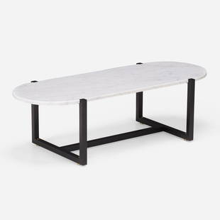 Studio Asai, Sigmund coffee table: Studio Asai Sigmund coffee table ArflexItaly 2019Carrara marble, enameled metal, anodized and brass-plated aluminum 14 h x 47.25 w x 19.25 d in (36 x 120 x 49 cm) Metal manufacturer's la