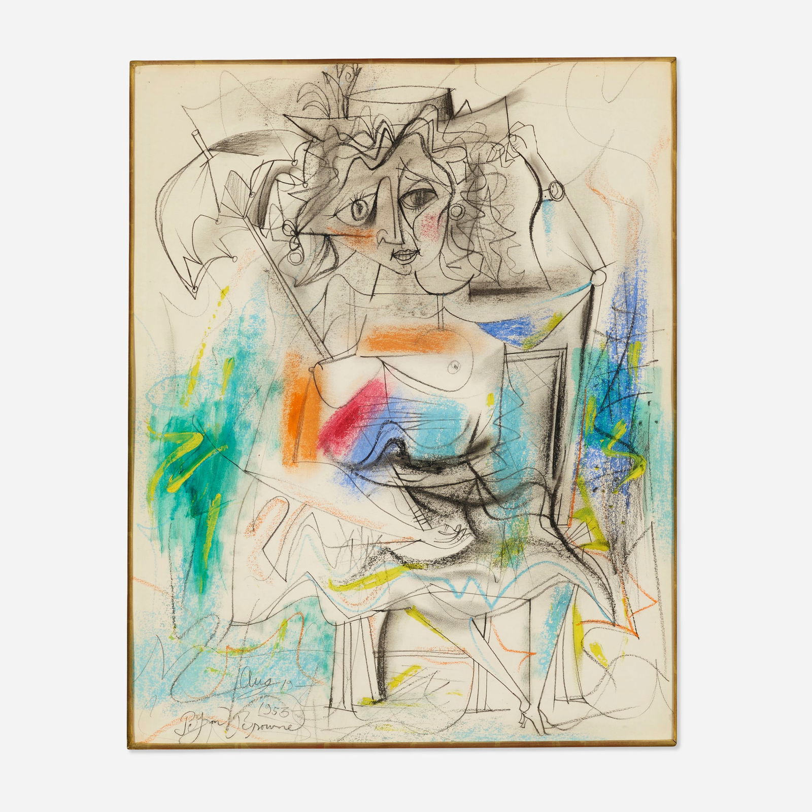 Byron Browne, Untitled: Byron Browne Untitled 1953charcoal, oil pastel and pastel on paper sight: 24.625 h x 19.375 w in (63 x 49 cm) Signed and dated to lower edge 'Byron Browne 1953'. This work