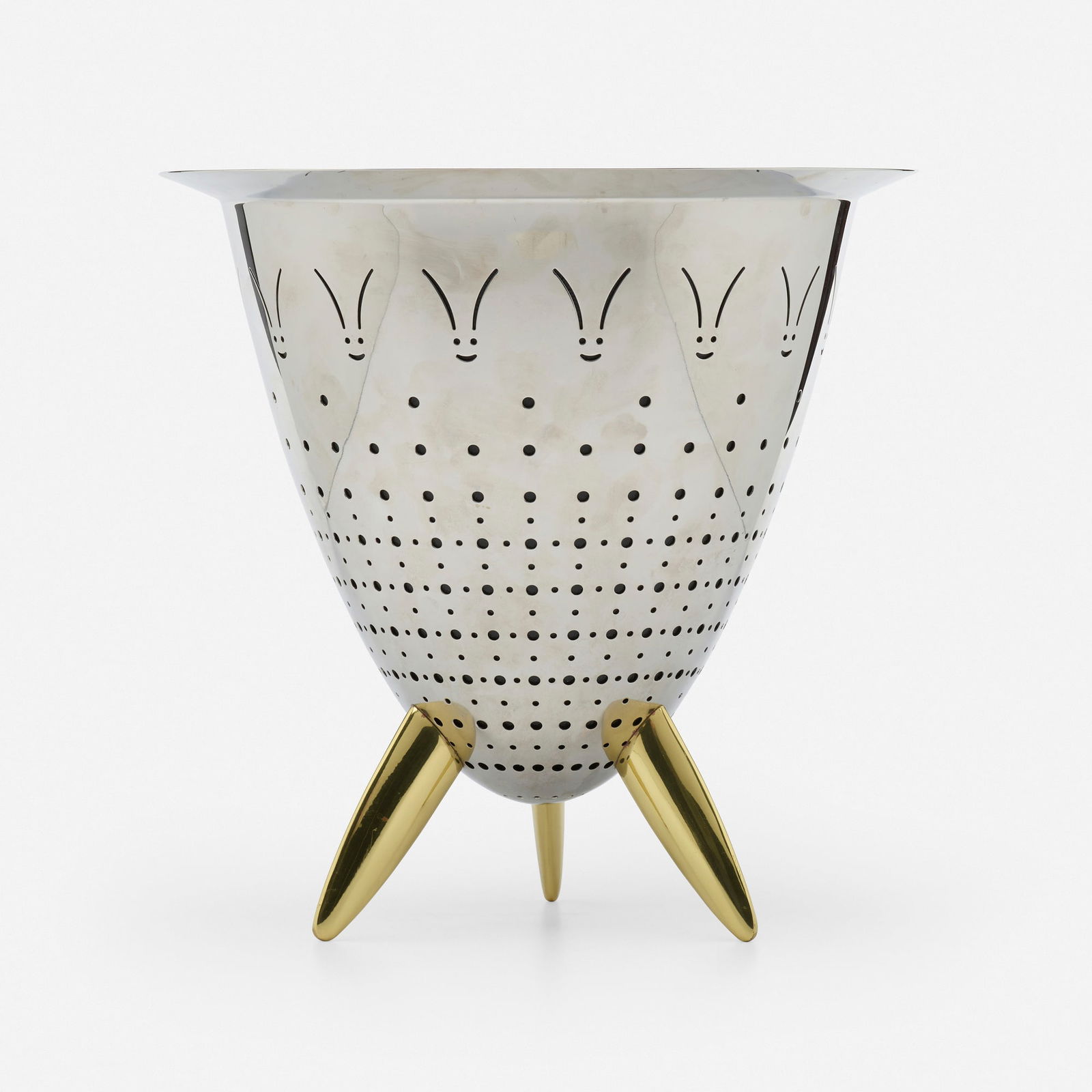 Philippe Starck, Max le Chinois colander: Philippe Starck Max le Chinois colander AlessiFrance / Italy, 1990polished stainless steel, brass, plastic 11.75 h x 11.75 dia in (30 x 30 cm) Impressed manufacturer's mark near rim 'Off