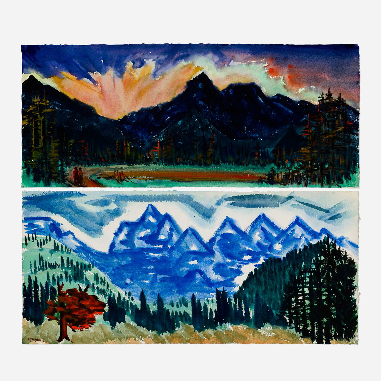 Charlotte Howard, Tetons (two works): Charlotte Howard Tetons (two works) 1957watercolor and gouache on paper 9.5 h x 22 w in (24 x 56 cm) 10.125 h x 22.125 w in (26 x 56 cm) Signed and dated to lower left of one work 'C Howard