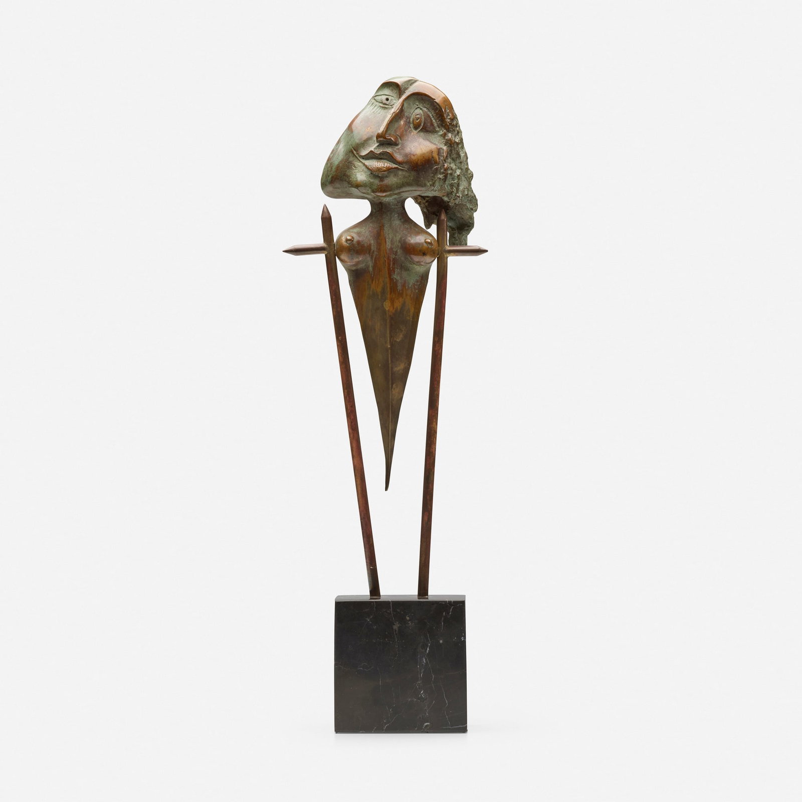 Stavri Kalinov, Woman in Balance: Stavri Kalinov Woman in Balance bronze on marble base 18.75 h x 6.125 w x 3.25 d in (48 x 16 x 8 cm) Incised Cyrillic artist's initials to verso 'CK' with wings. This work will s