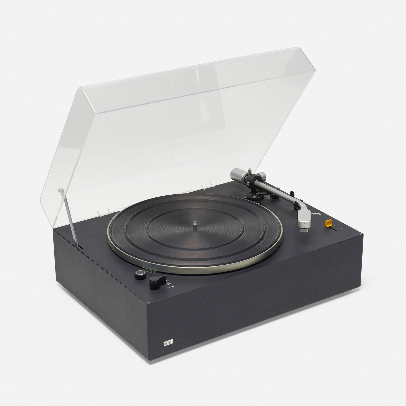 Dieter Rams, PS 500 turntable: Dieter Rams PS 500 turntable Braun AGGermany, 1968enameled steel, acrylic 6.75 h x 17 w x 12.5 d in (17 x 43 x 32 cm) Aluminum manufacturer's label to front 'Braun'. Includes original in