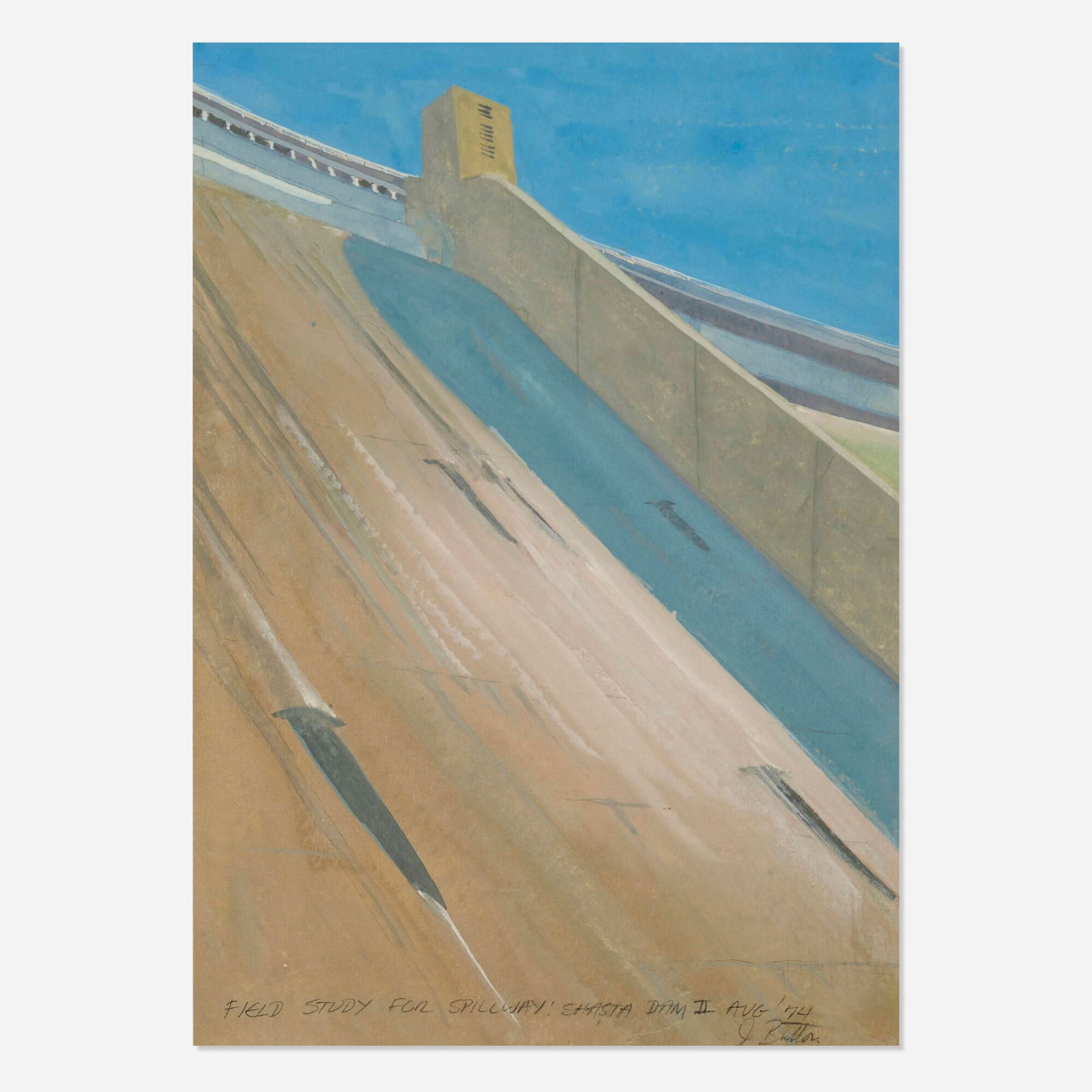 John Button, Field Study for Spillway! Shasta Dam II: John Button Field Study for Spillway! Shasta Dam II 1974gouache on paper 13.875 h x 9.875 w in (35 x 25 cm) Signed, titled and dated to lower edge 'Field Study for Spillway! Shasta Dam II Aug