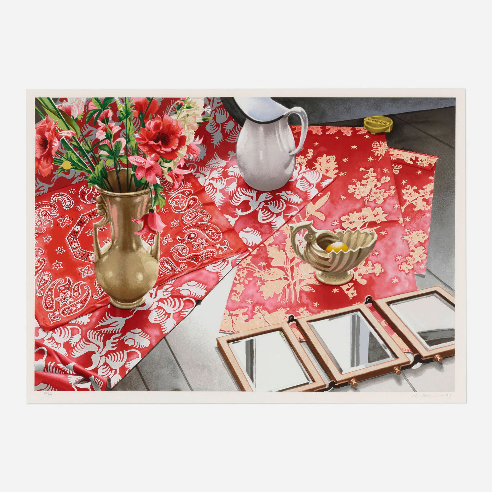 Nancy Hagin, Three Red Cloths: Nancy Hagin Three Red Cloths 1987screenprint in colors image: 22.125 h x 31.875 w in (56 x 81 cm) sheet: 28.875 h x 38 w in (73 x 97 cm) Signed, dated and numbered to lower edge 'PP 8/12 N.