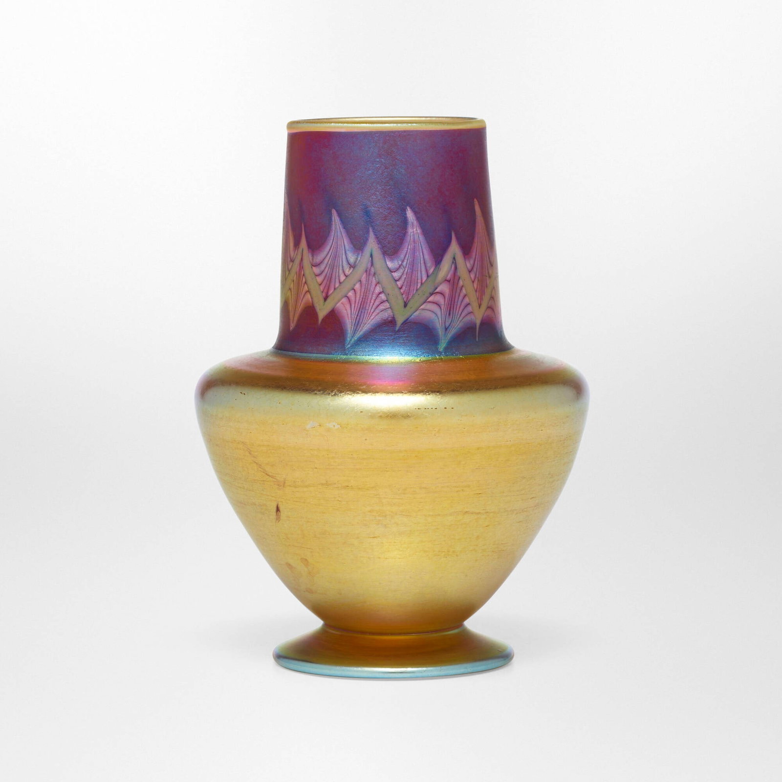 Tiffany Studios, Byzantine vase: Tiffany Studios Byzantine vase USA, c. 1916 hand-blown Favrile glass 5.5 h x 3.875 dia in (14 x 10 cm) Etched to underside '7961 K L.C.Tiffany - Favrile'. Provenance: Im
