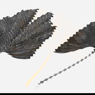 John Iversen, Sterling silver and diamond gingko brooch: John Iversen Sterling silver and diamond gingko brooch Cast from a fallen gingko leaf, enhanced by round brilliant-cut diamonds; 2010s Sterling silver Signed Iversen 4 x 4 in; Gross weight 28.0 dwts