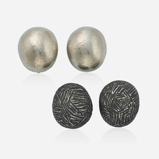 John Iversen, Two pairs of silver earrings: John Iversen Two pairs of silver earrings Each a textured pebble; 1990s Sterling silver and silver gilt Signed John Iversen Each approx. 1 x 0.75 in; Gross weight 31.5 dwts T