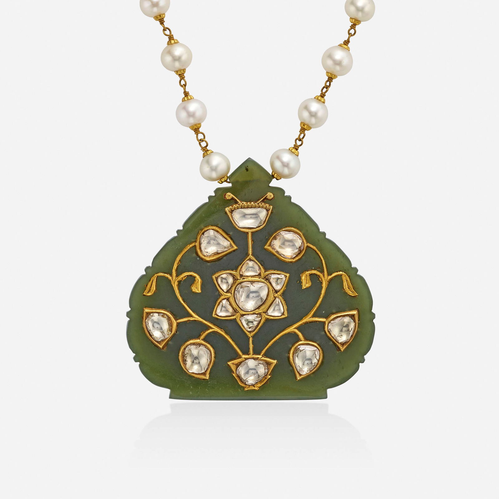 Indian, Nephrite jade, diamond, and cultured pearl necklace (1 of 3)