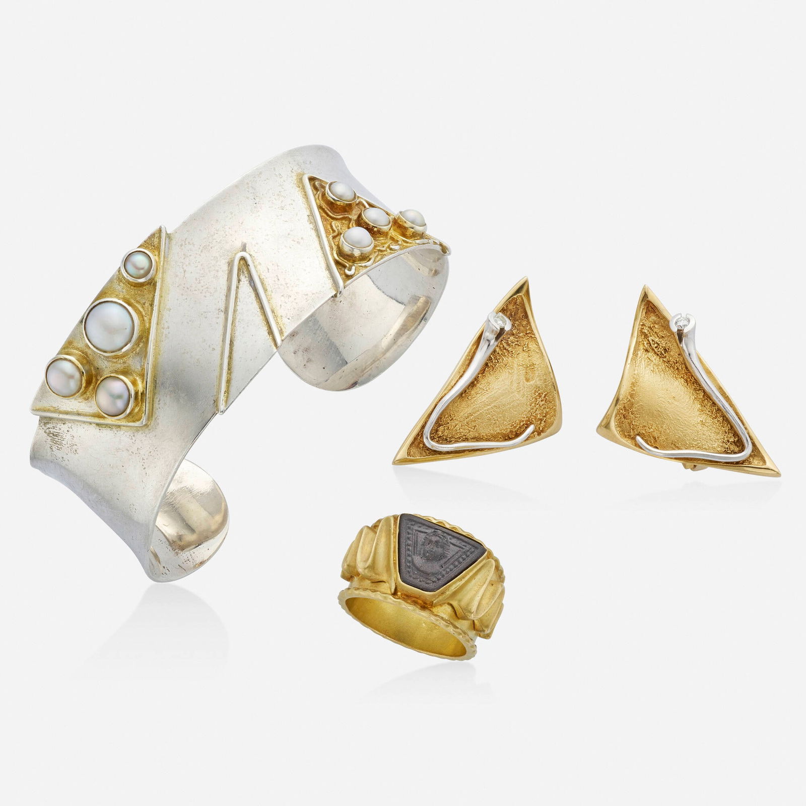 Modernist, Group of jewelry: Modernist Group of jewelry Comprising a pair of triangular earrings set with round brilliant-cut diamonds by Ole Lynggaard, 1960s; a ring set with a lava cameo; and a cuff bracelet set with cultured p