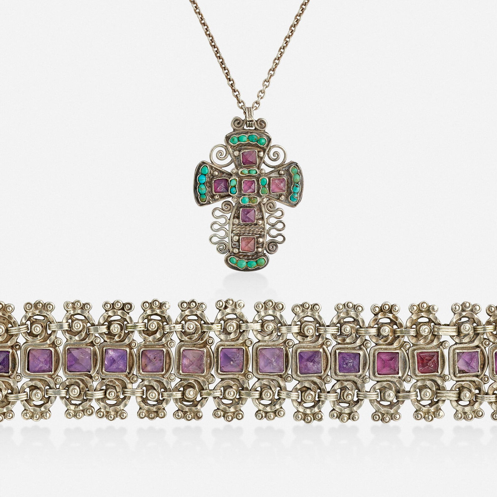 Matilde Poulat, Silver and amethyst bracelet with amethyst and turquoise cross pendant necklace (1 of 5)