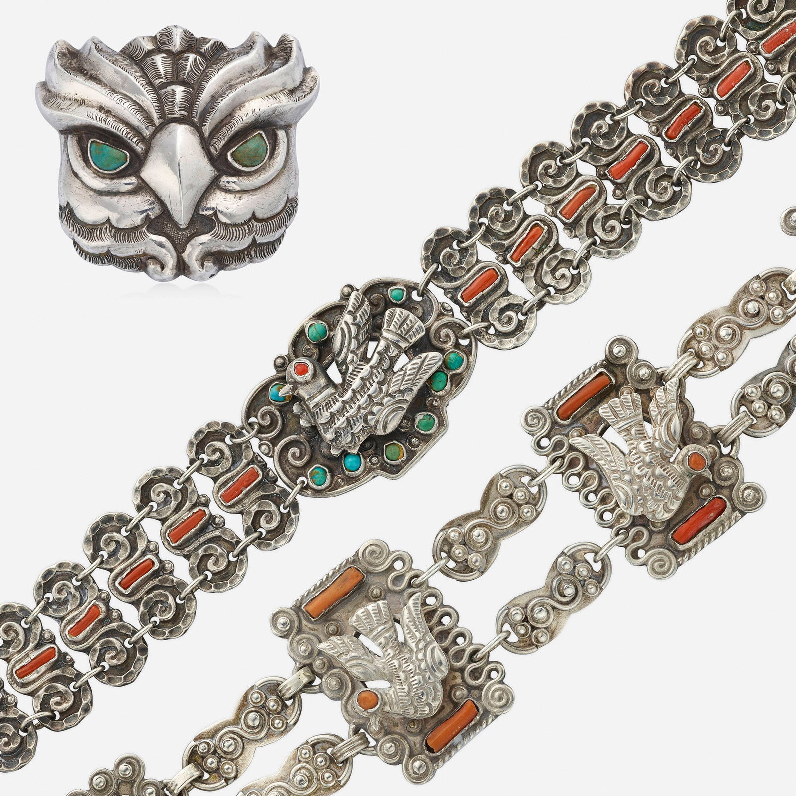 Matilde Poulat, Group of coral, turquoise, and silver jewelry: Matilde Poulat Group of coral, turquoise, and silver jewelry Two bird bracelets, one set with cabochon coral and turquoise, the other set with coral; and an owl brooch, set with turquoise eyes; 1940s-
