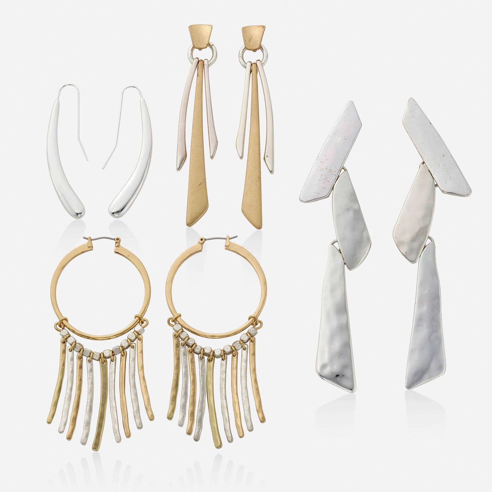 Robert Lee Morris, Four pairs of earrings: Robert Lee Morris Four pairs of earrings Each of hammered or polished design Silver and gold-tone mixed metal Signed RLM SOHO to three pairs 4.75 x 1 in; 3.50 x 0.375 in; 2.25 x 0.25 in; 3.375 x 1.