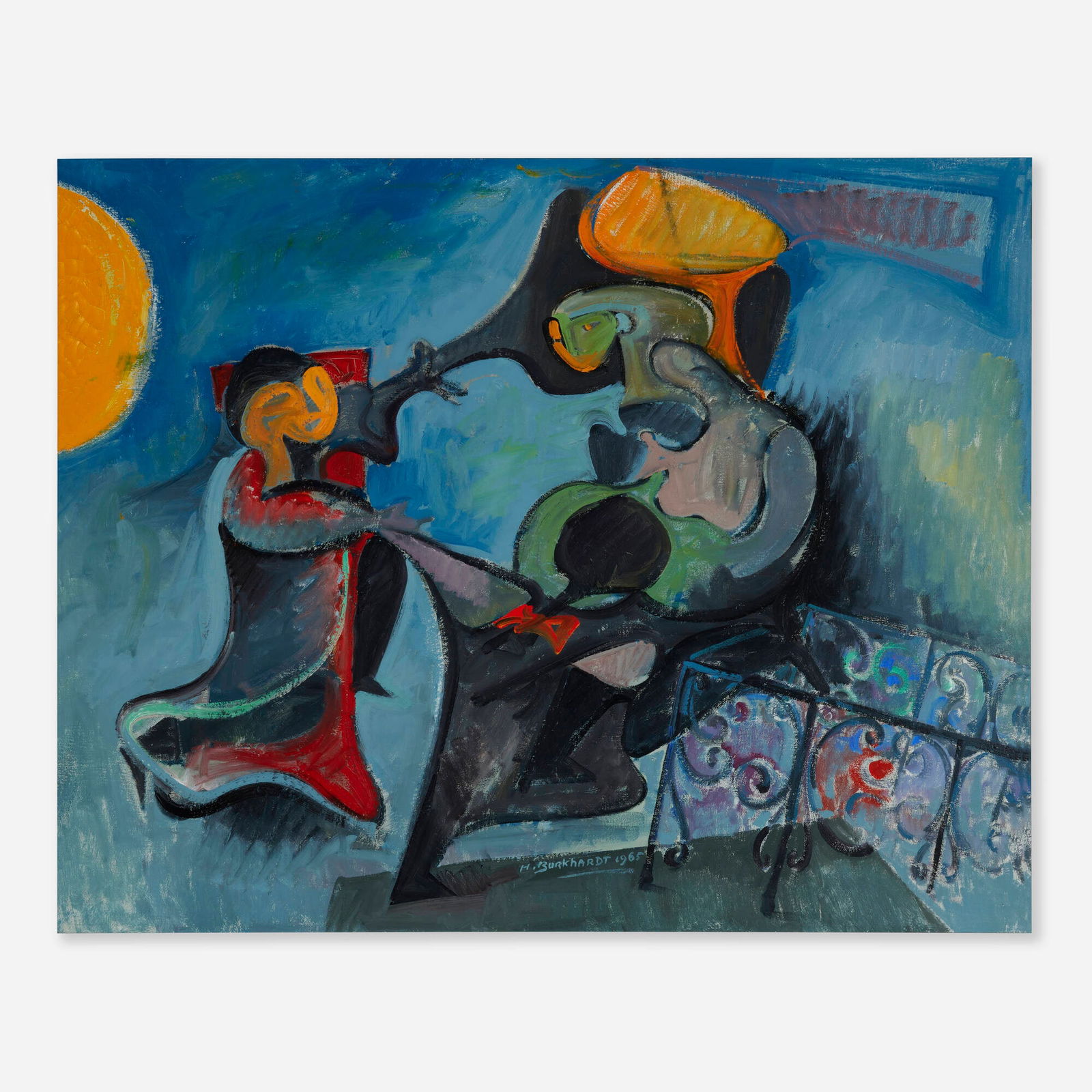 Hans Burkhardt, Halloween Dance: Hans Burkhardt Halloween Dance 1965oil on canvas 31.5 h x 39.5 w in (80 x 100 cm) Signed and dated twice to lower edge 'H. Burkhardt 1965'. Titled to verso 'Halloween Dance'. Pr