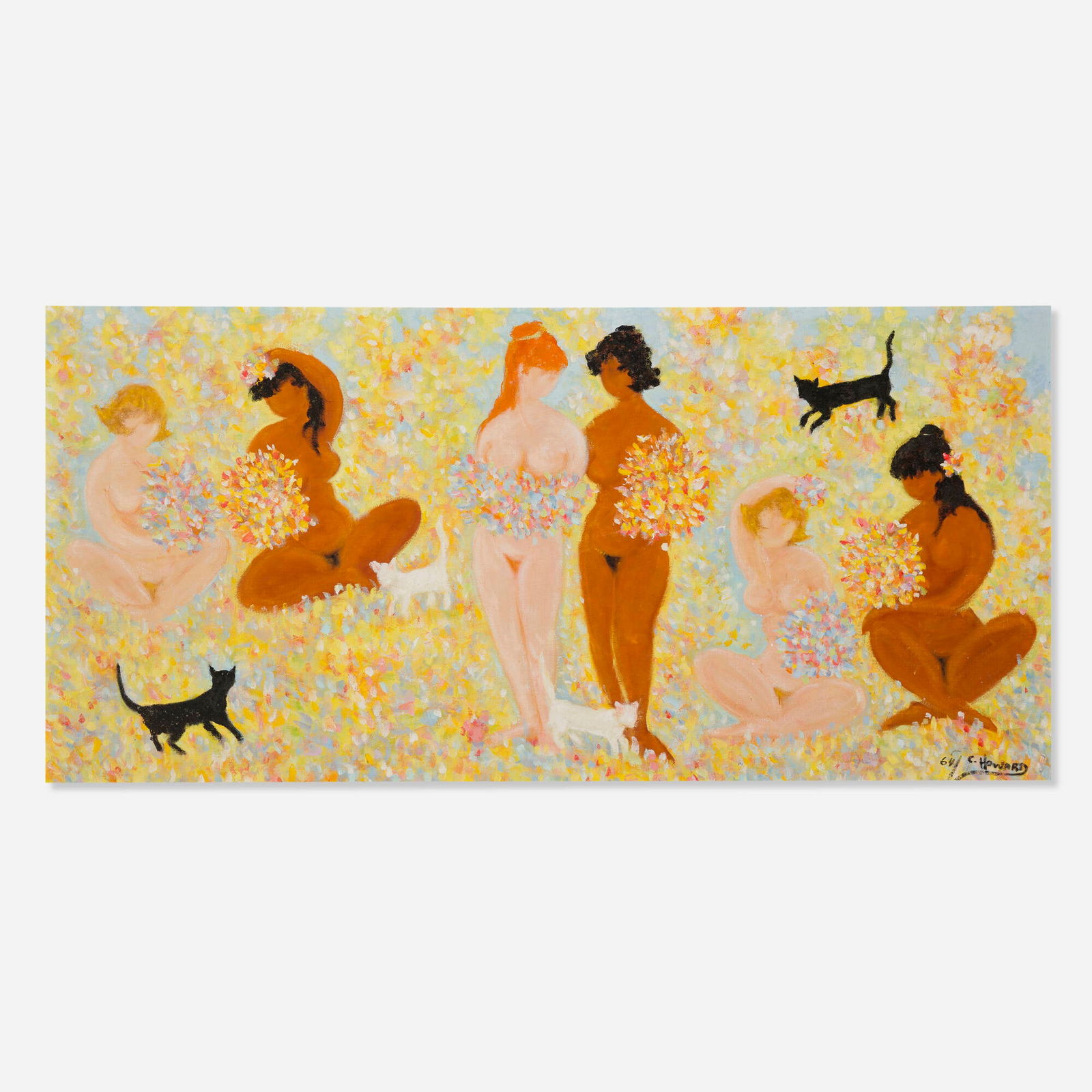Charlotte Howard, Three Pairs of Nude Women: Charlotte Howard Three Pairs of Nude Women 1964oil on canvas 19 h x 40 w in (48 x 102 cm) Signed to lower right '64 C Howard'. This work will ship from Lambertville, New Je