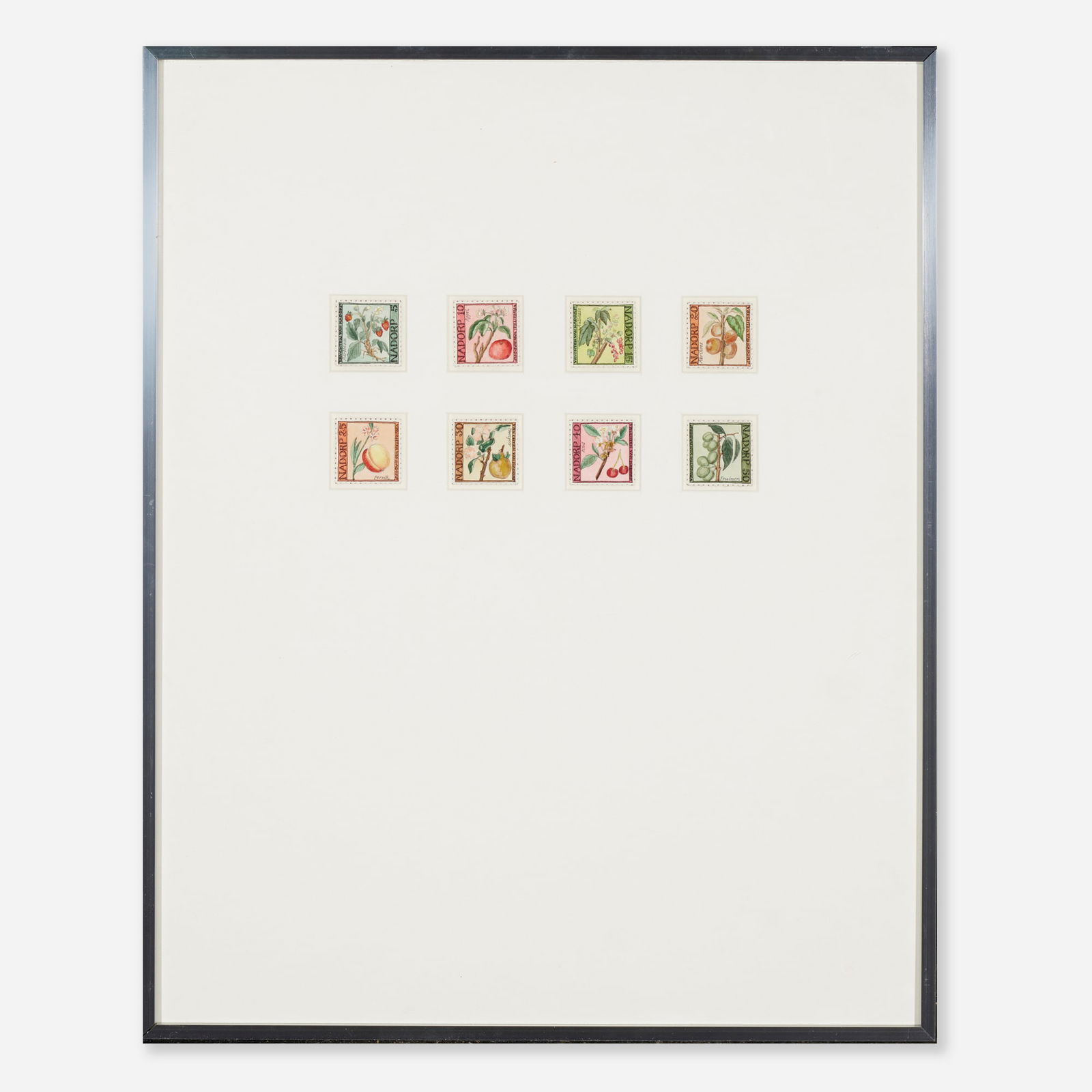 Donald Evans, Vruchten van Nadorp: Donald Evans Vruchten van Nadorp 1973watercolor and ink on eight sheets of paper each: 2.5 h x 2.5 w in (6 x 6 cm) overall: 19.875 h x 16 w x 1.125 d in (50 x 41 x 3 cm) Provenance:
