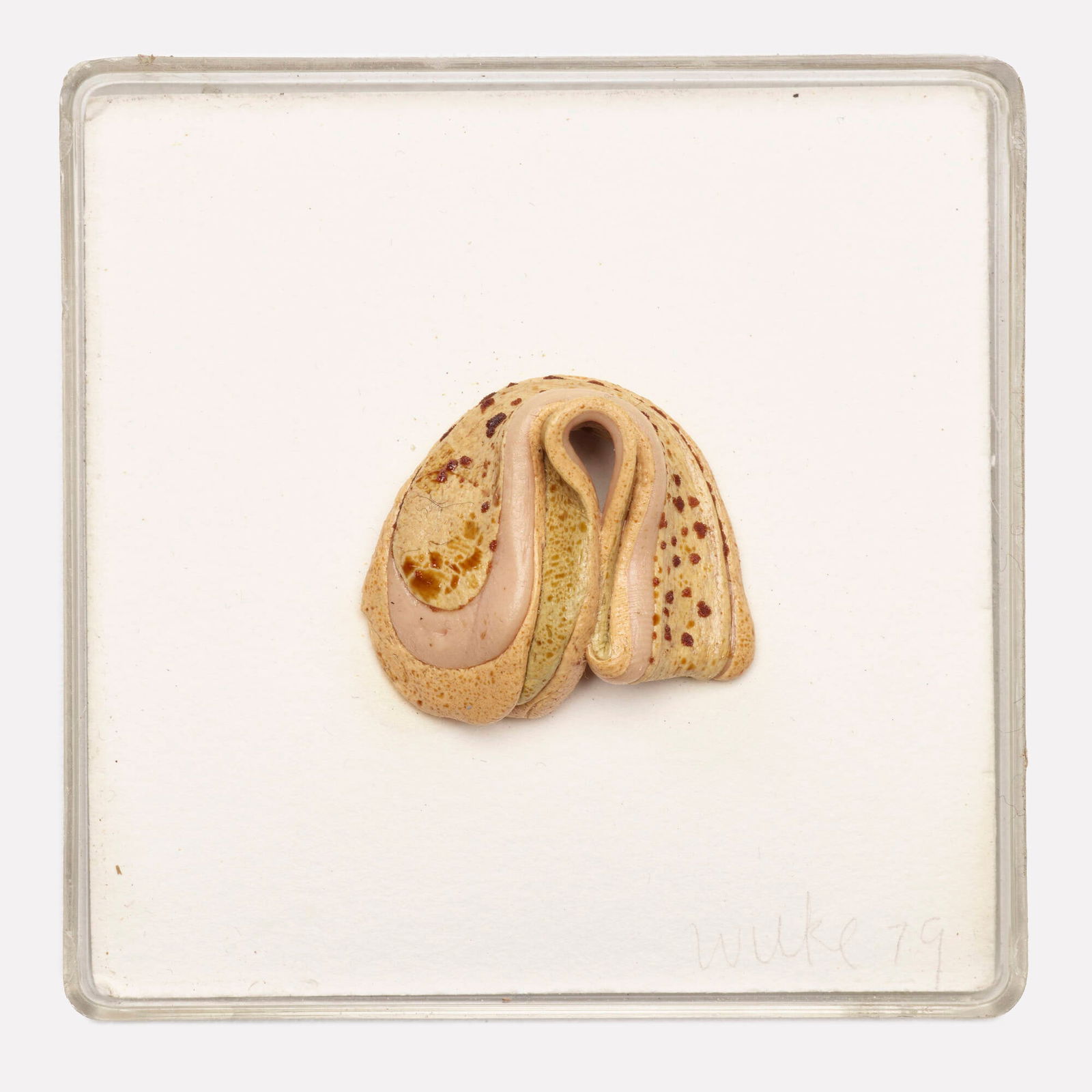 Hannah Wilke, Untitled: Hannah Wilke Untitled 1979chewing gum in Plexiglas box 1 h x 2.5 w x 2.5 d in (3 x 6 x 6 cm) Signed and dated to mount 'Wilke 79'. This work will ship from Lambertville, Ne