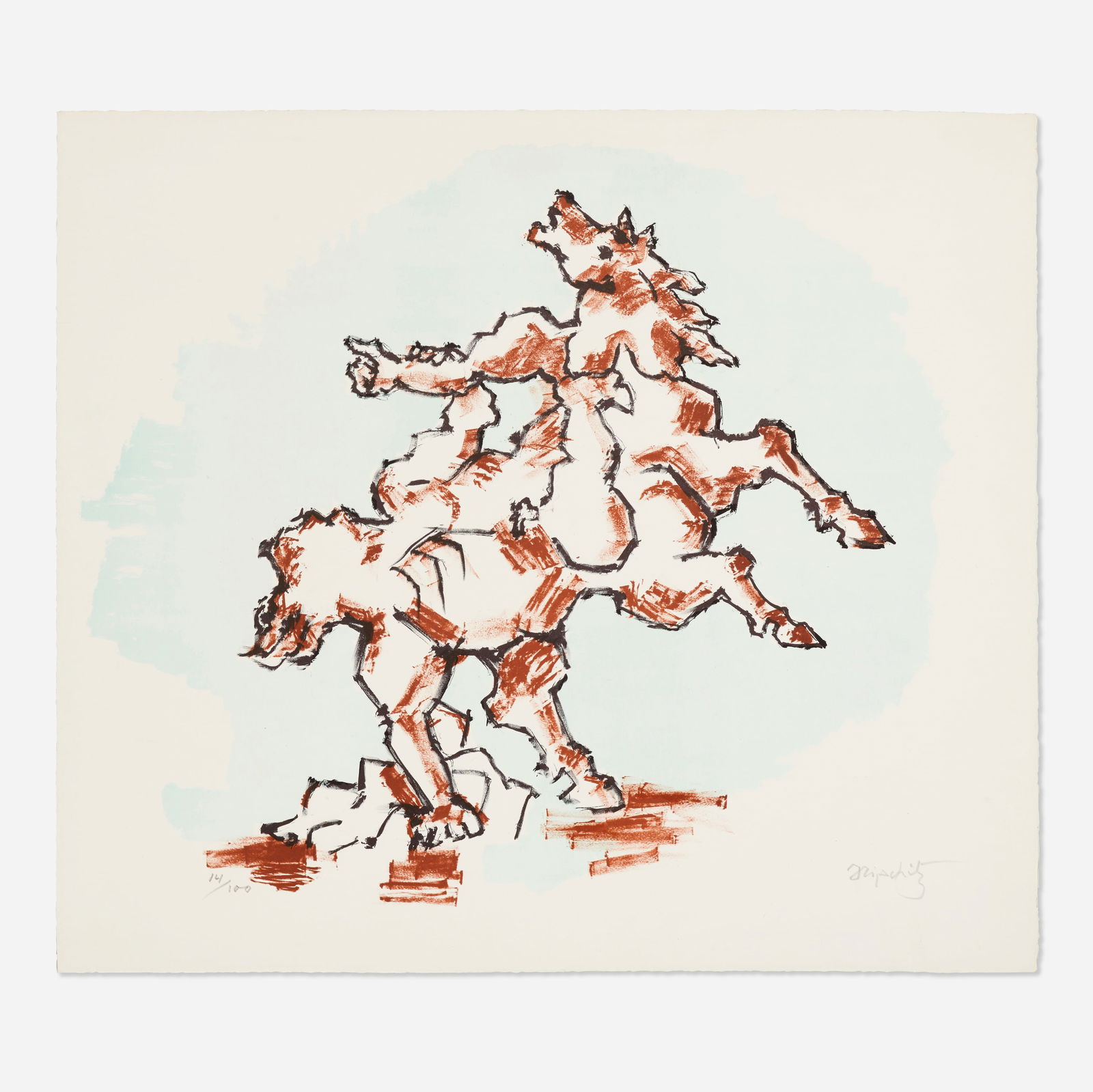 The Horse: Jacques Lipchitz The Horse 1967lithograph in colors 22.5 h × 25.5 w in (57 × 65 cm) Signed and numbered to lower edge ‘14/100 Lipchitz’. This work is number 14 from