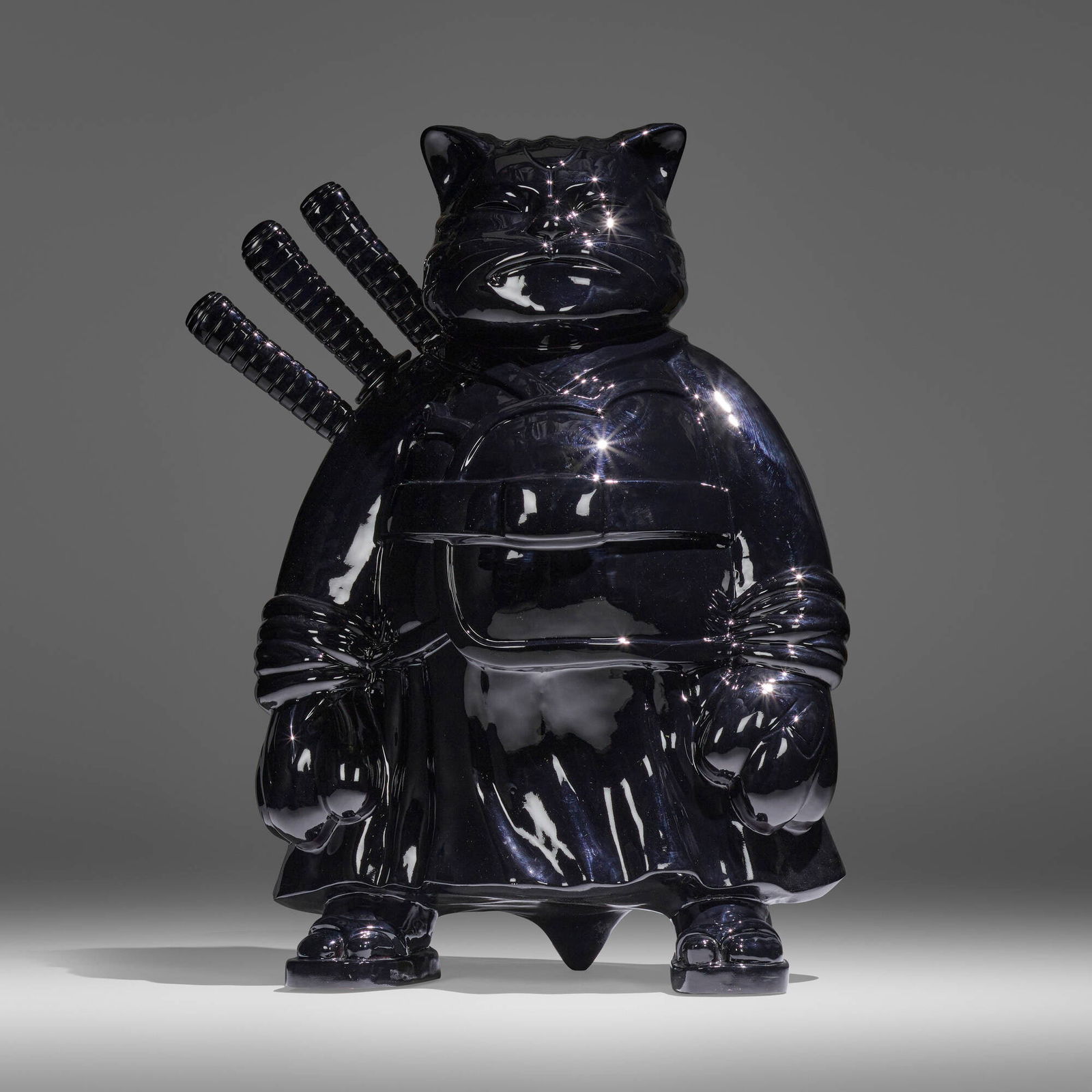 Hiro Ando, Samurai Cat (Black): Hiro Ando Samurai Cat (Black) 2009varnished and painted resin and fiberglass 58 h x 50 w x 34 d in (147 x 127 x 86 cm) Incised signature, date and number to underside 'Ando Hiro May 2009 1/12'