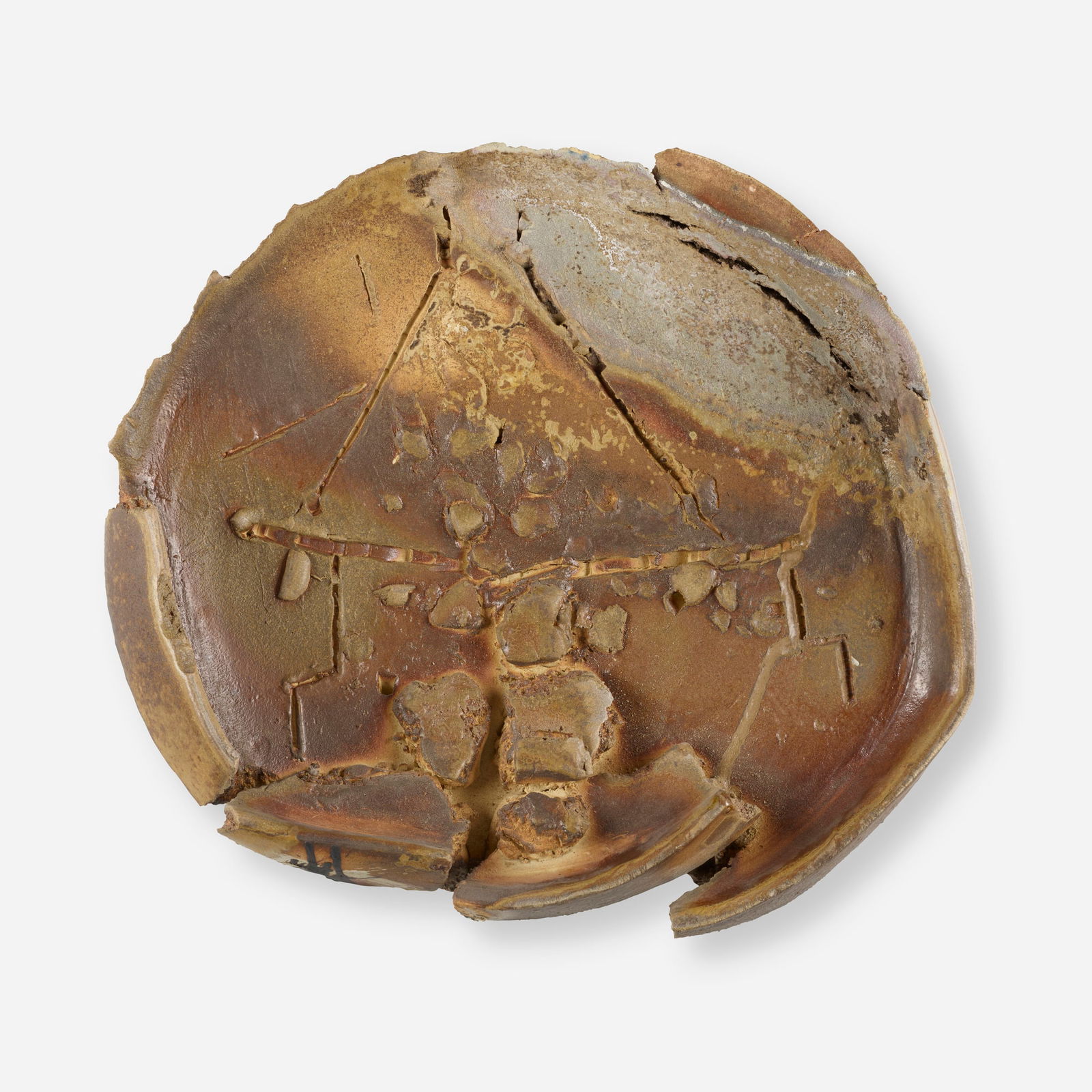 Peter Voulkos, Untitled (Plate): Peter Voulkos Untitled (Plate) 1995anagama-fired stoneware with pass-throughs and slashes 5 d x 21.5 dia in (13 x 55 cm) The present work was fired in Peter Callas's anagama in Belvidere, New