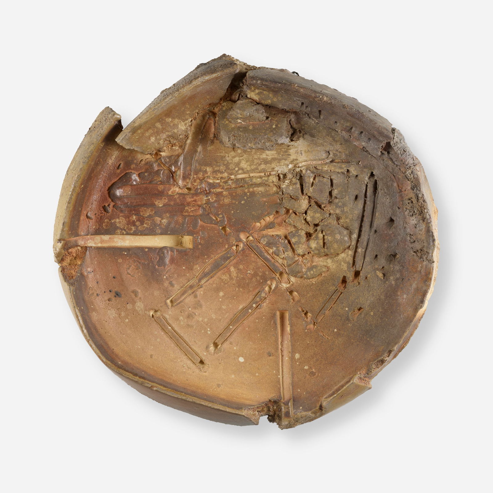 Peter Voulkos, Untitled (Plate): Peter Voulkos Untitled (Plate) 1995anagama-fired stoneware with pass-throughs and slashes 5.25 d x 22 dia in (13 x 56 cm) The present work was fired in Peter Callas's anagama in Belvidere, New