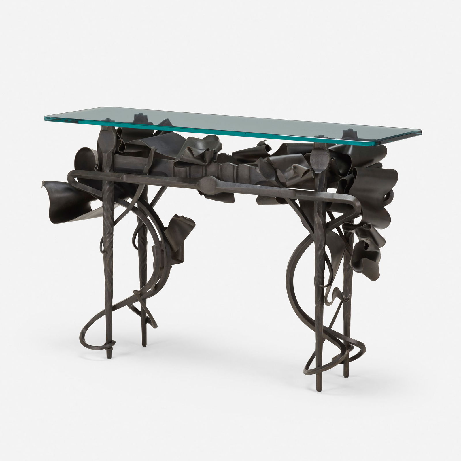 Albert Paley, Sideboard: Albert Paley Sideboard 1991forged and fabricated steel with a blackened finish, glass 36 h x 54 w x 17.5 d in (91 x 137 x 44 cm) Impressed signature and date near top of base '? Albert Paley 1
