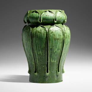 George P. Kendrick for Grueby Faience Company, Rare vase, model 88: George P. Kendrick for Grueby Faience Company Rare vase, model 88 USA, 1898-1902glazed earthenware 12.5 h x 8.5 dia in (32 x 22 cm) Impressed manufacturer's mark and number to underside 'Grueb