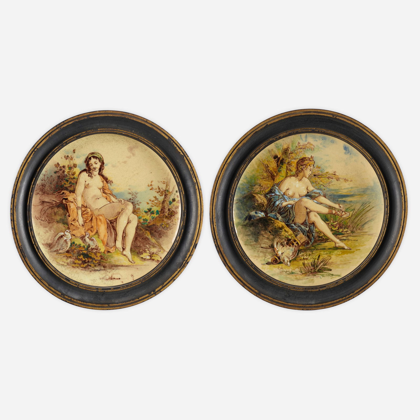 Ernest Chaplet, Plates, set of two: Ernest Chaplet Plates, set of two France, c. 1870glazed stoneware 1 d x 9.5 dia in (3 x 24 cm) Plates depict goddesses Aphrodite and Diana. Glazed mark to verso of each example 'B. la. R' with