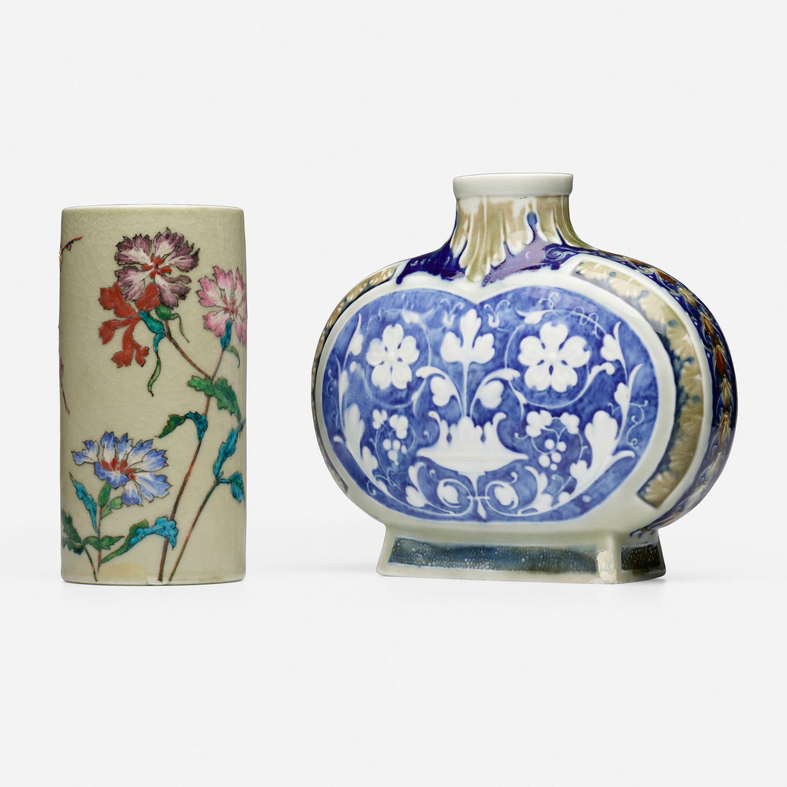 Theodore Deck, Japonesque vases, set of two: Theodore Deck Japonesque vases, set of two France, 1871, c. 1882glazed and hand-decorated porcelain, glazed porcelain 9 h x 10 w x 4.375 d in (23 x 25 x 11 cm) 8.25 h x 4 dia in (21 x 10 cm)