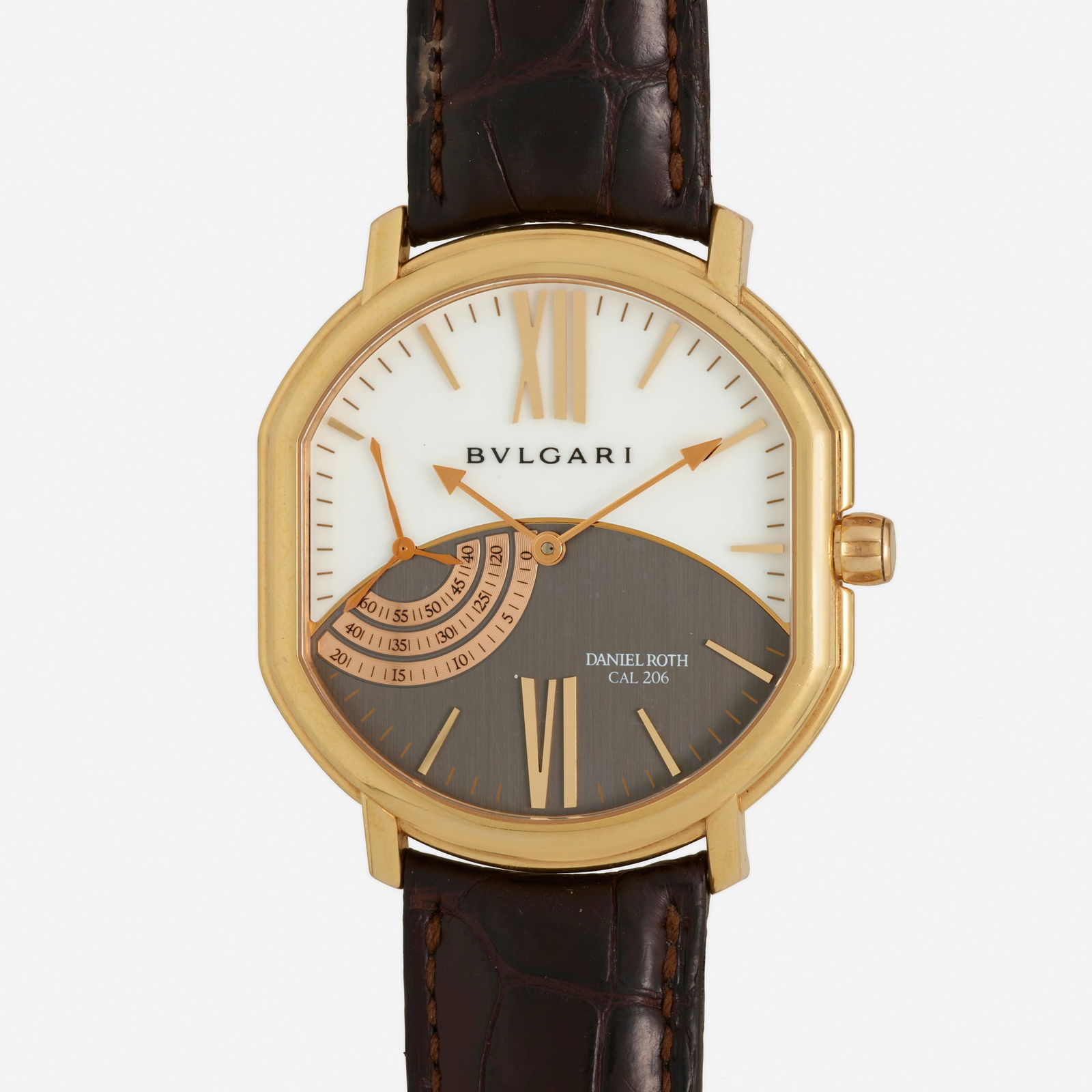 Bulgari, 'Daniel Roth' pink gold wristwatch, Ref. BRRP44C14GLPS: Bulgari 'Daniel Roth' pink gold wristwatch, Ref. BRRP44C14GLPS With Roman numeral and baton hours and petite seconds Date: 2010s Dial: White and grey Movement: Manual wind Case m