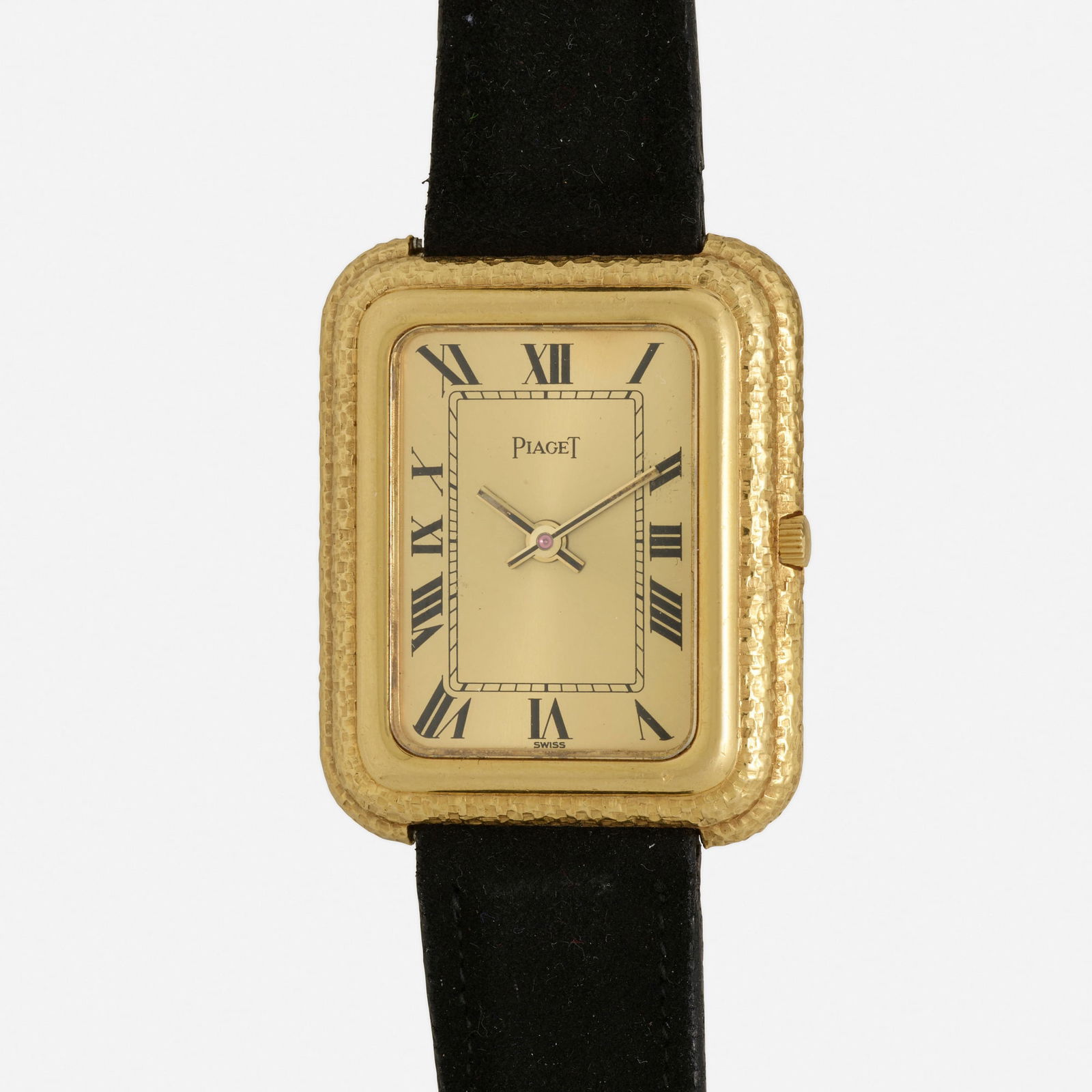 Piaget, Gold wristwatch, Ref. 14101: Piaget Gold wristwatch, Ref. 14101 With Roman numeral hours Dial: Gold Movement: Quartz Case material: 18k yellow gold Case size: 41 mm Bracelet/Strap: Leather <