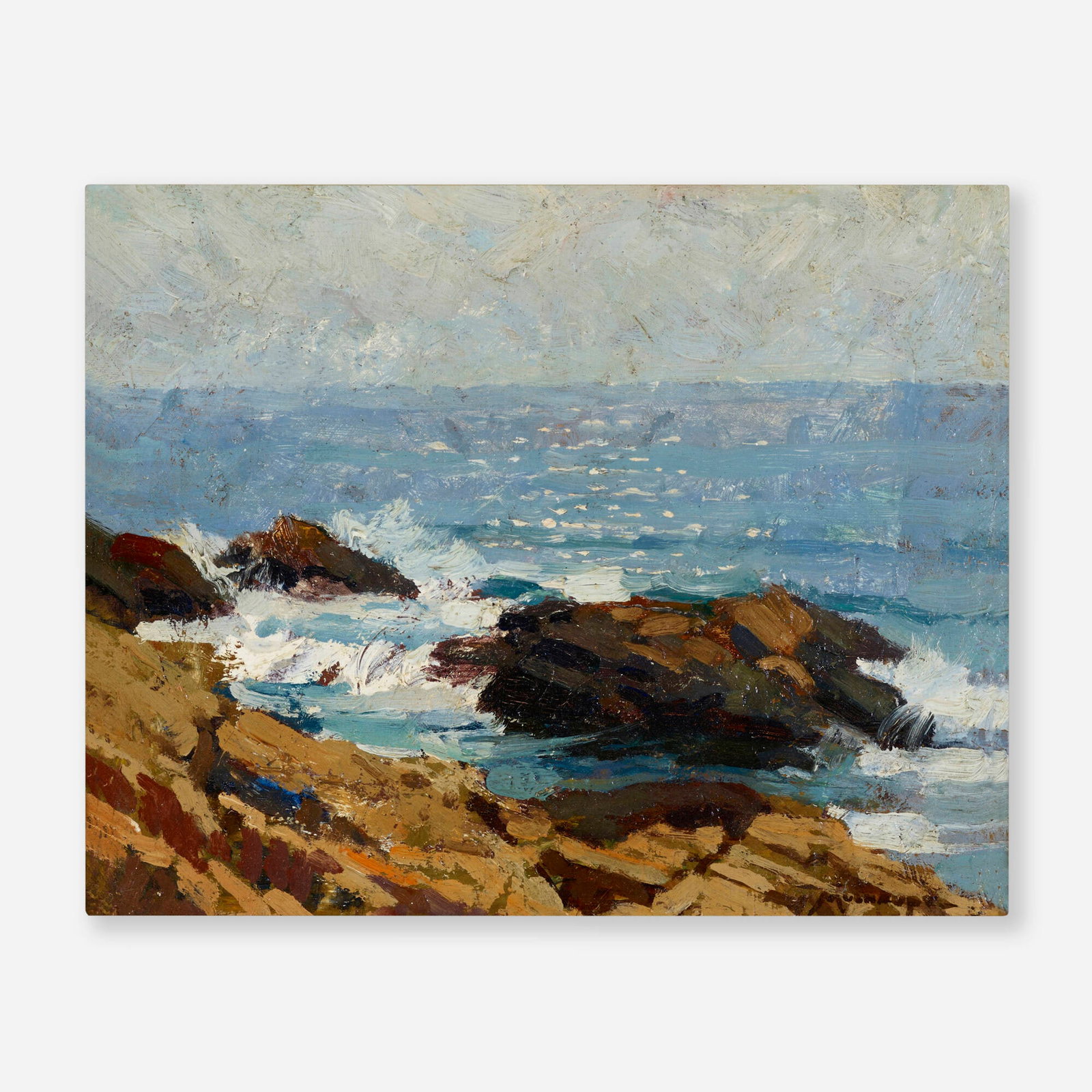 Frederick John Mulhaupt, Rocky Coast, Cape Ann, Massachusetts: Frederick John Mulhaupt Rocky Coast, Cape Ann, Massachusetts oil on board 8 h x 10.25 w in (20 x 26 cm) Signed to lower right 'Mulhaupt'. This work will ship from Lambertville, N