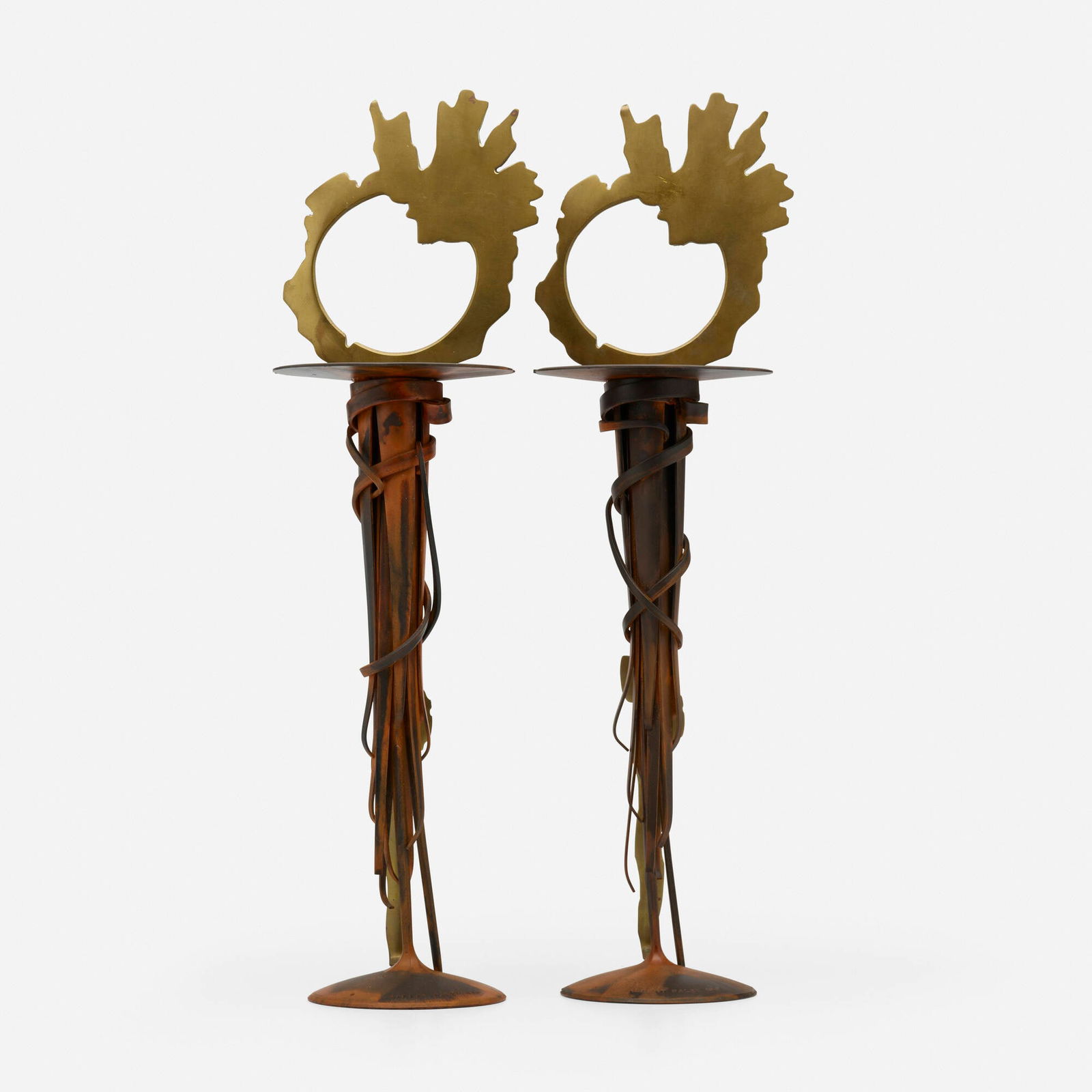 Albert Paley, Eclipse candleholders, pair: Albert Paley Eclipse candleholders, pair USA, 1994forged and fabricated steel with a natural patina, brass 23.5 h x 7 w x 6 d in (60 x 18 x 15 cm) Impressed signature and date to top of each b