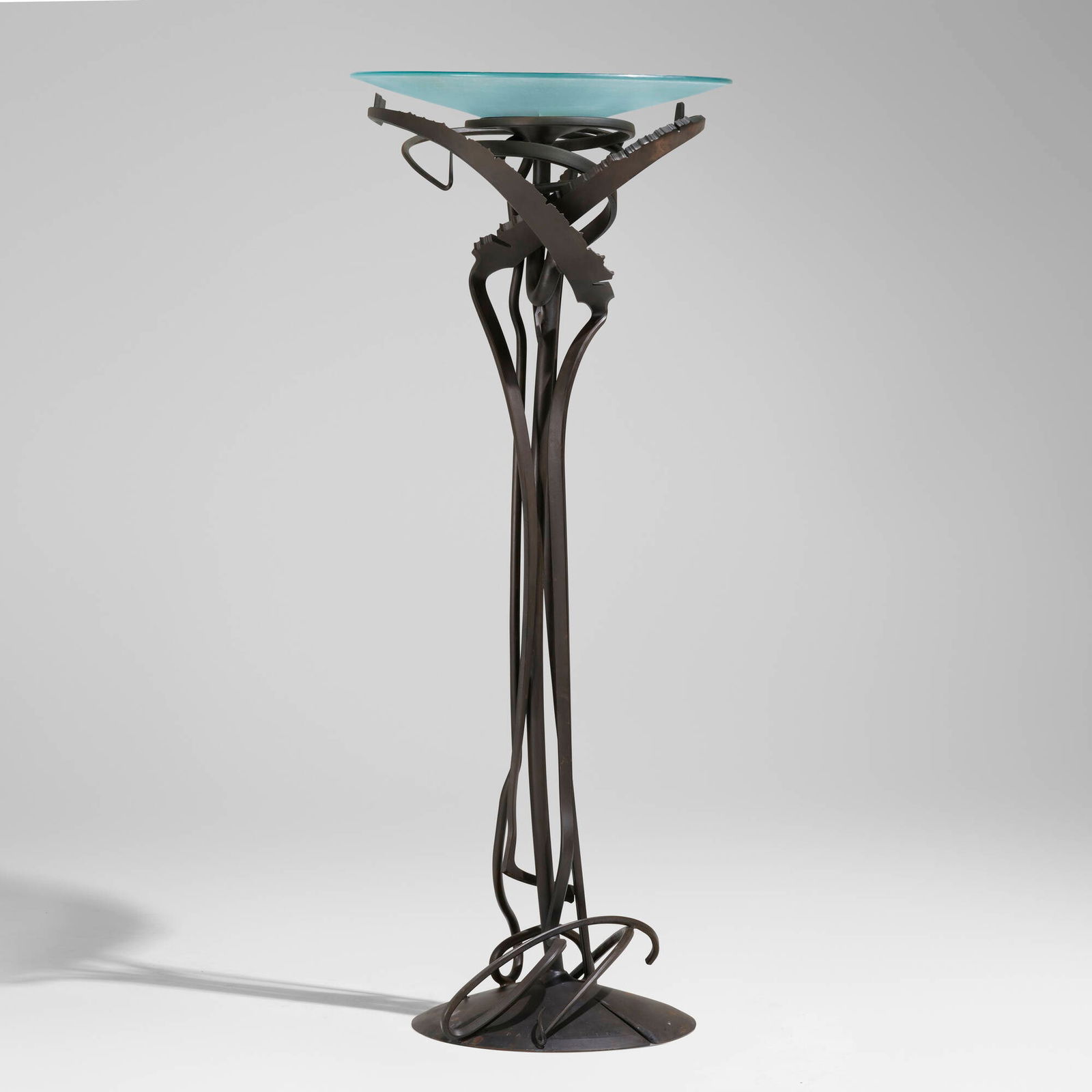 Albert Paley, Dragon's Back floor lamp: Albert Paley Dragon's Back floor lamp USA, 1992forged and fabricated steel, frosted glass 78 h x 32.5 dia in (198 x 83 cm) Impressed signature and date to base '? Albert Paley 1992'. This work