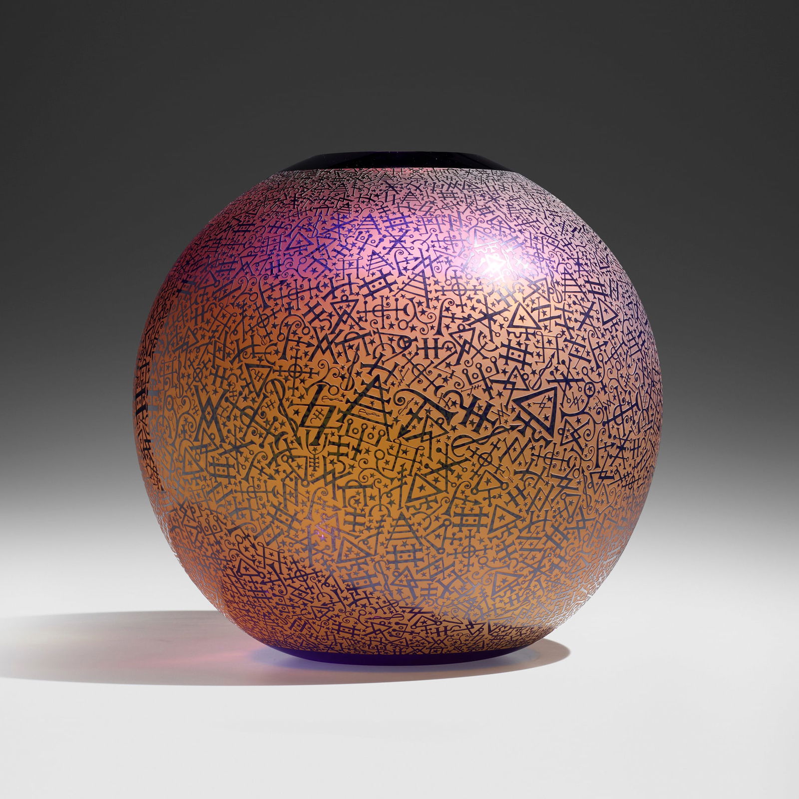 Duncan McClellan, Alchemist's Dream: Duncan McClellan Alchemist's Dream USA, c. 2001acid-etched hand-blown glass 18.5 h x 20.5 dia in (47 x 52 cm) Etched signature to underside 'Duncan McClellan'. Provenance: