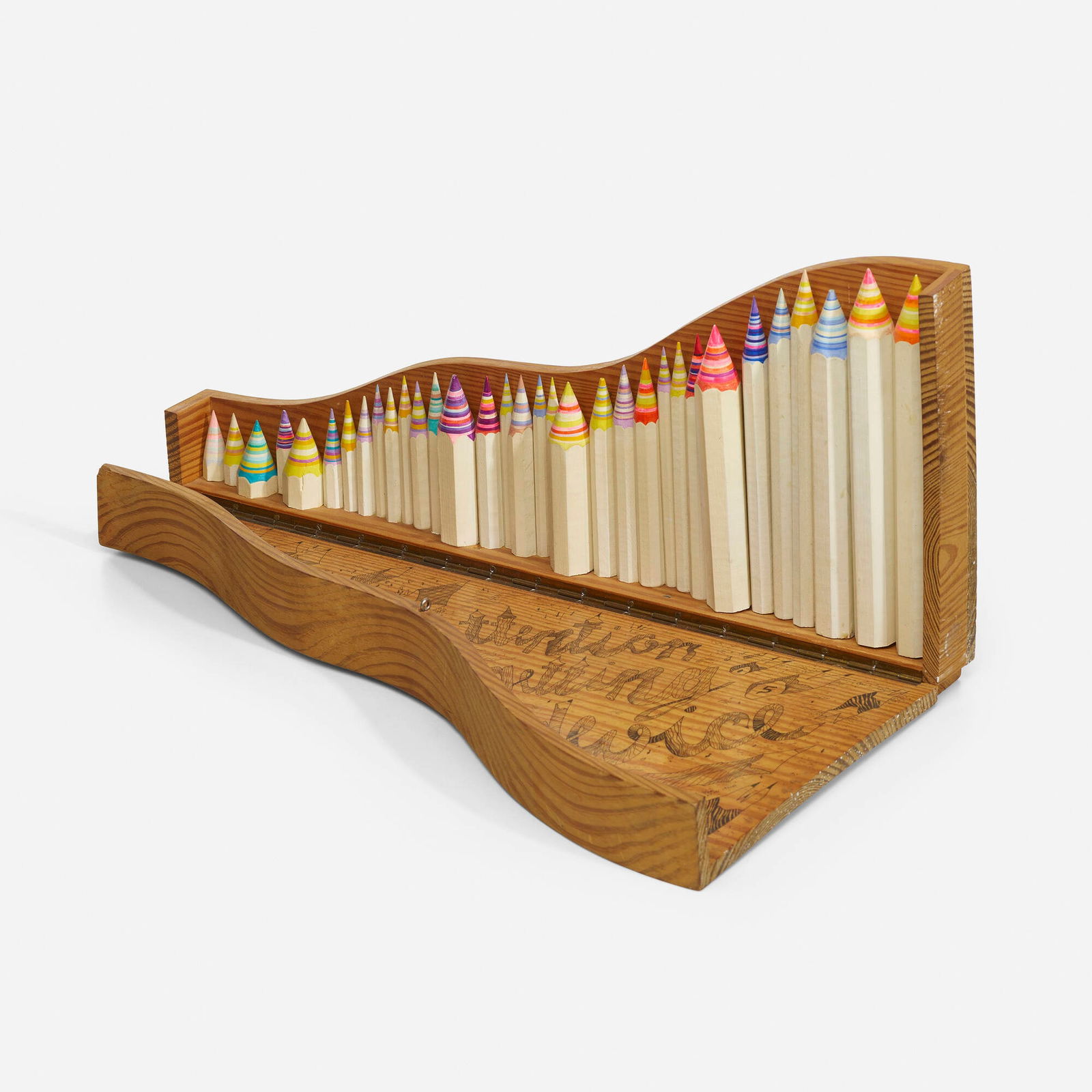 Mary Bauermeister, Attention Getting Device: Mary Bauermeister Attention Getting Device 1971-72ink, casein tempera, painted wooden objects and wood construction open: 9 h x 20 w x 10.75 d in (23 x 51 x 27 cm) closed: 9.625 h x 20 w x 2 d in