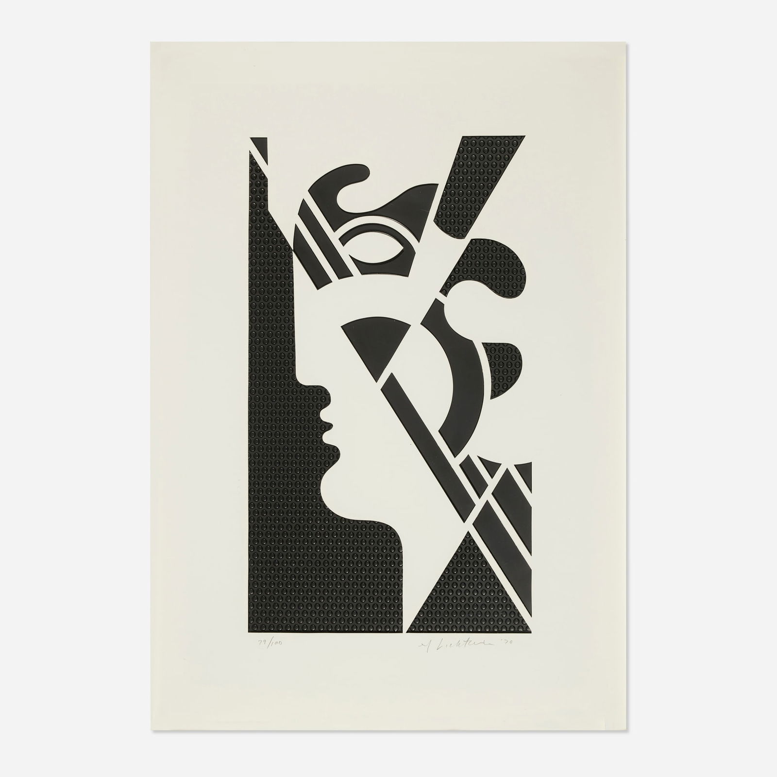 Roy Lichtenstein, Modern Head #5 (from the Modern Head Series): Roy Lichtenstein Modern Head #5 (from the Modern Head Series) 1970embossed graphite composition with die-cut paper overlay on Strathmore image: 19.50 h x 11.375 w in (50 x 29 cm) sight: 27.50 h x