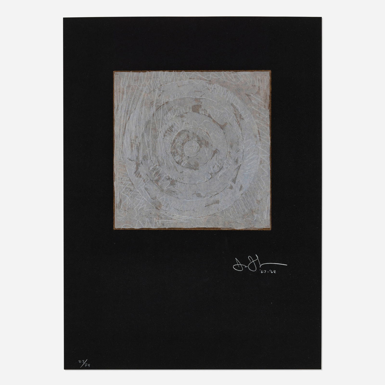 Jasper Johns, White Target: Jasper Johns White Target 1968lithograph in colors on Japan black laid to French Canson black image: 13.375 h x 13.25 w in (34 x 34 cm) sheet: 29.5 h x 21.625 w in (75 x 55 cm) Signed, date