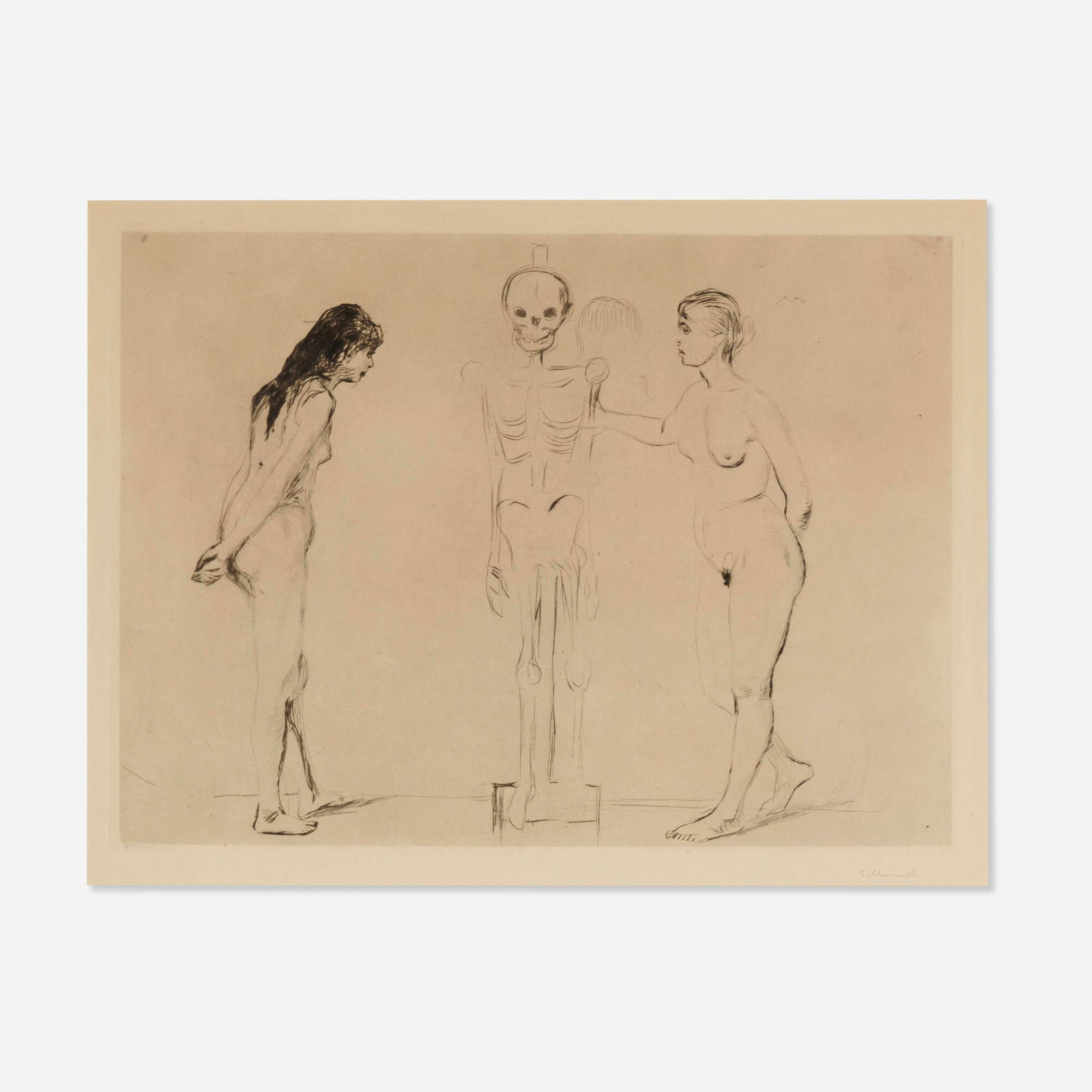 Edvard Munch, Die Frauen und das Gerippe: Edvard Munch Die Frauen und das Gerippe 1896drypoint on heavy wove paper image: 12.25 h x 16.625 w in (31 x 42 cm) sheet: 17.375 h x 23.625 w in (44 x 60 cm) Signed to lower right 'E Munch'