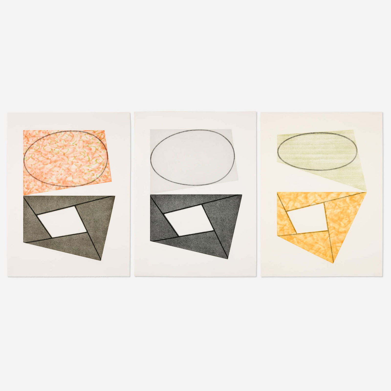 Robert Mangold, Frames & Ellipses A,B,C: Robert Mangold Frames & Ellipses A,B,C 1988etching and aquatint in colors each: 23.375 h x 29.875 w in (59 x 76 cm) Signed and numbered to lower edge of each '4/50 R. Mangold'. These works are