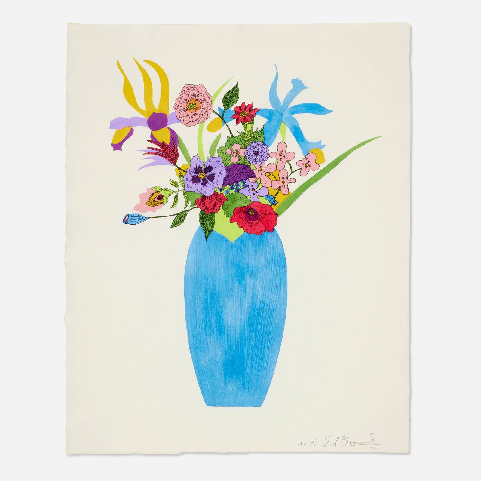 Ed Baynard, Blue Vase: Ed Baynard Blue Vase 2002pochoir and relief in colors on vintage handmade paper 24 h x 19 w in (61 x 48 cm) Signed, dated and numbered to lower right 'AP 3/4 Ed Baynard 02'. This work is artis