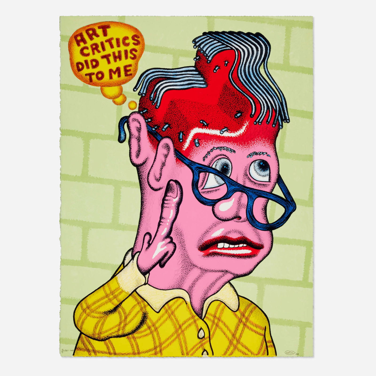 Peter Saul, Self-Portrait with Haircut: Peter Saul Self-Portrait with Haircut 2003lithograph in colors on BFK Rives 30.125 h x 22.25 w in (77 x 57 cm) Signed, dated and numbered to lower edge '2/4 PAT Imp Saul 03'. This work is Patr