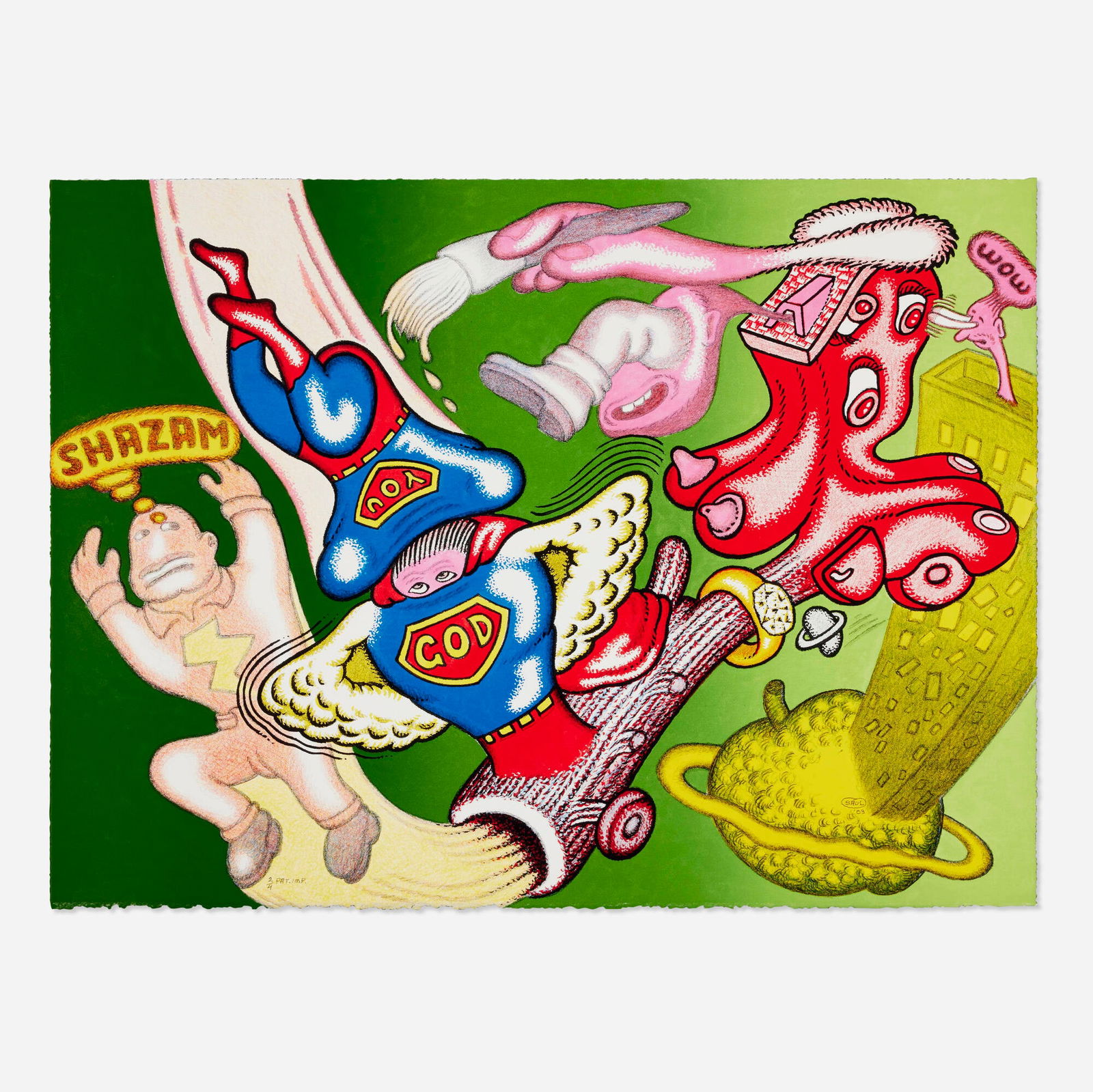 Peter Saul, Origins of Captain Marvel: Peter Saul Origins of Captain Marvel 2003lithograph in colors on BFK Rives 22.25 h x 30.125 w in (57 x 77 cm) Signed, dated and numbered to lower edge '2/4 PAT Imp Saul 03'. This work is Patro