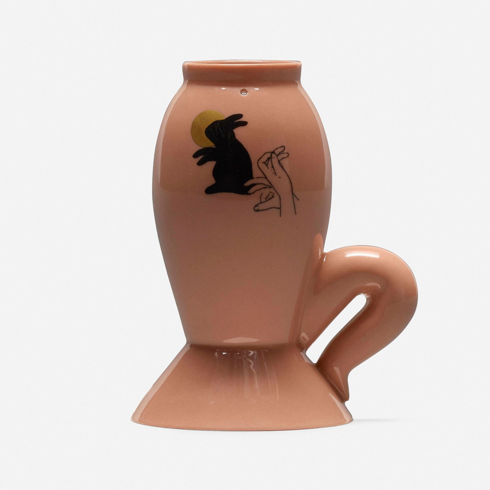Ron Nagle, Untitled (Rabbit Shadow Cup): Ron Nagle Untitled (Rabbit Shadow Cup) c. 1988decal and gold luster on glazed porcelain 3.25 h x 2.5 w x 1 d in (8 x 6 x 3 cm) Provenance: Acquired directly from the artist, P