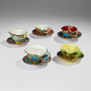 Betty Woodman and Joyce Kozloff, Collection of five teacups and saucers: Betty Woodman and Joyce Kozloff Collection of five teacups and saucers c. 1981glazed earthenware largest (overall): 3 h x 5.5 dia in (8 x 14 cm) smallest (overall): 2.5 h x 5 dia in (6 x 13 cm)