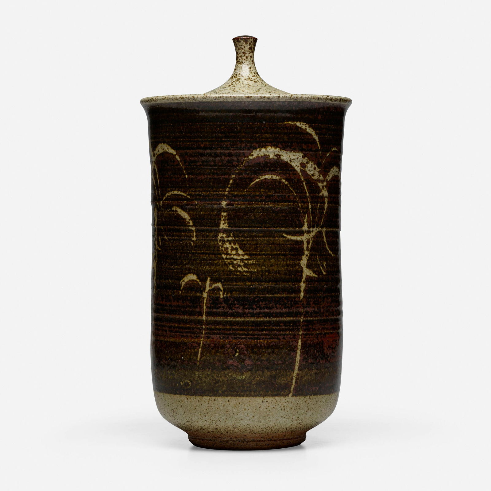 Peter Voulkos, Early covered vessel: Peter Voulkos Early covered vessel c. 1952glazed stoneware 14.75 h x 7.5 dia in (37 x 19 cm) Incised signature to underside 'Voulkos'. Provenance: Collection of Dr. Sey