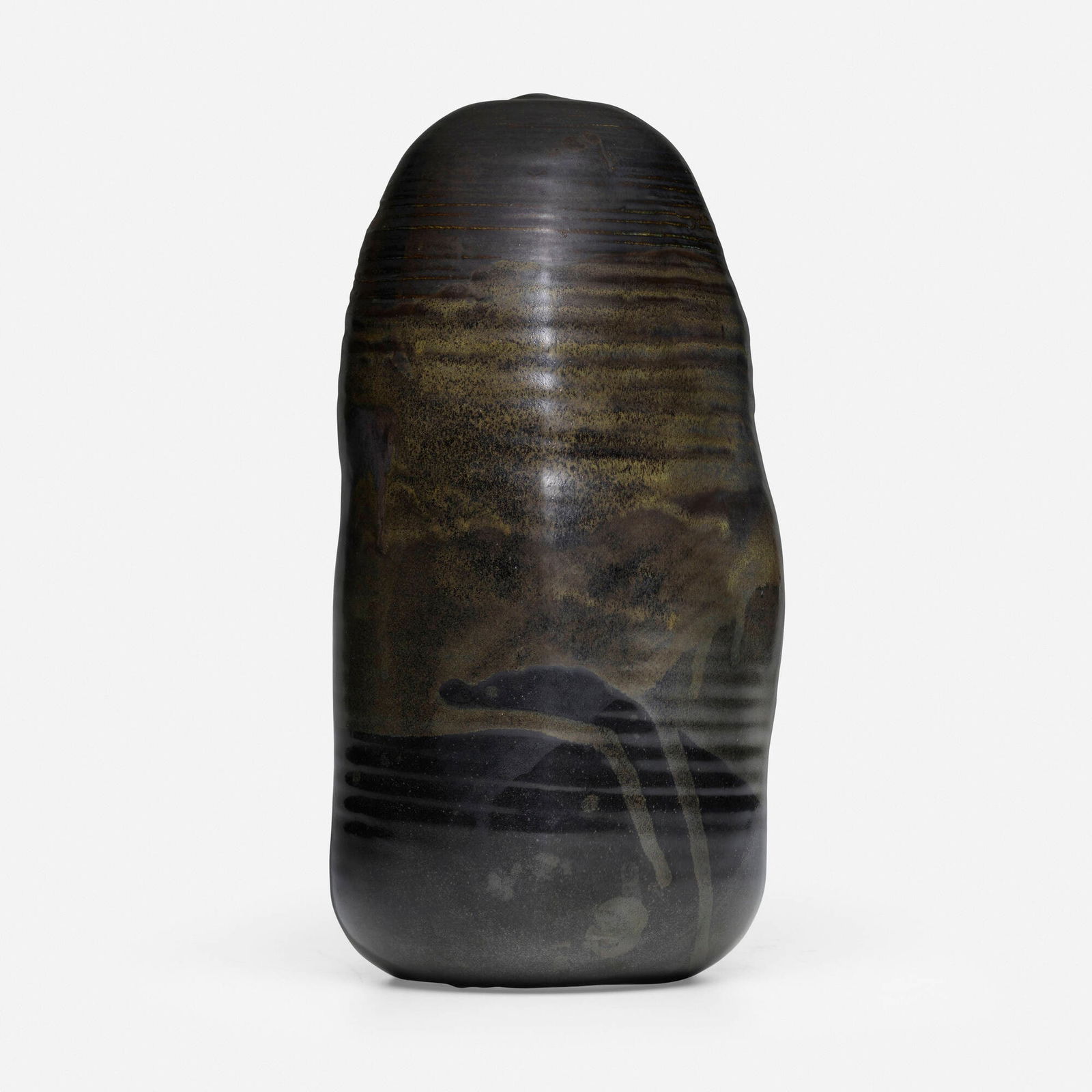 Toshiko Takaezu, Large Closed Form: Toshiko Takaezu Large Closed Form c. 1985glazed porcelain 12 h x 6.25 dia in (30 x 16 cm) Incised signature to underside 'TT'. Provenance: Private Collection