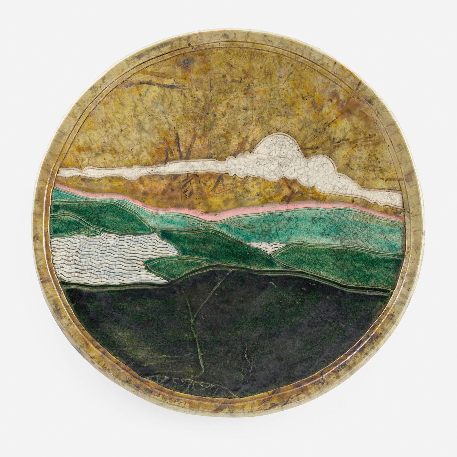 Wayne Higby, Wall-hanging landscape charger: Wayne Higby Wall-hanging landscape charger c. 1980glazed and raku-fired earthenware 2.5 d x 16.75 dia in (6 x 43 cm) Impressed artist's chop mark to reverse. Provenance: