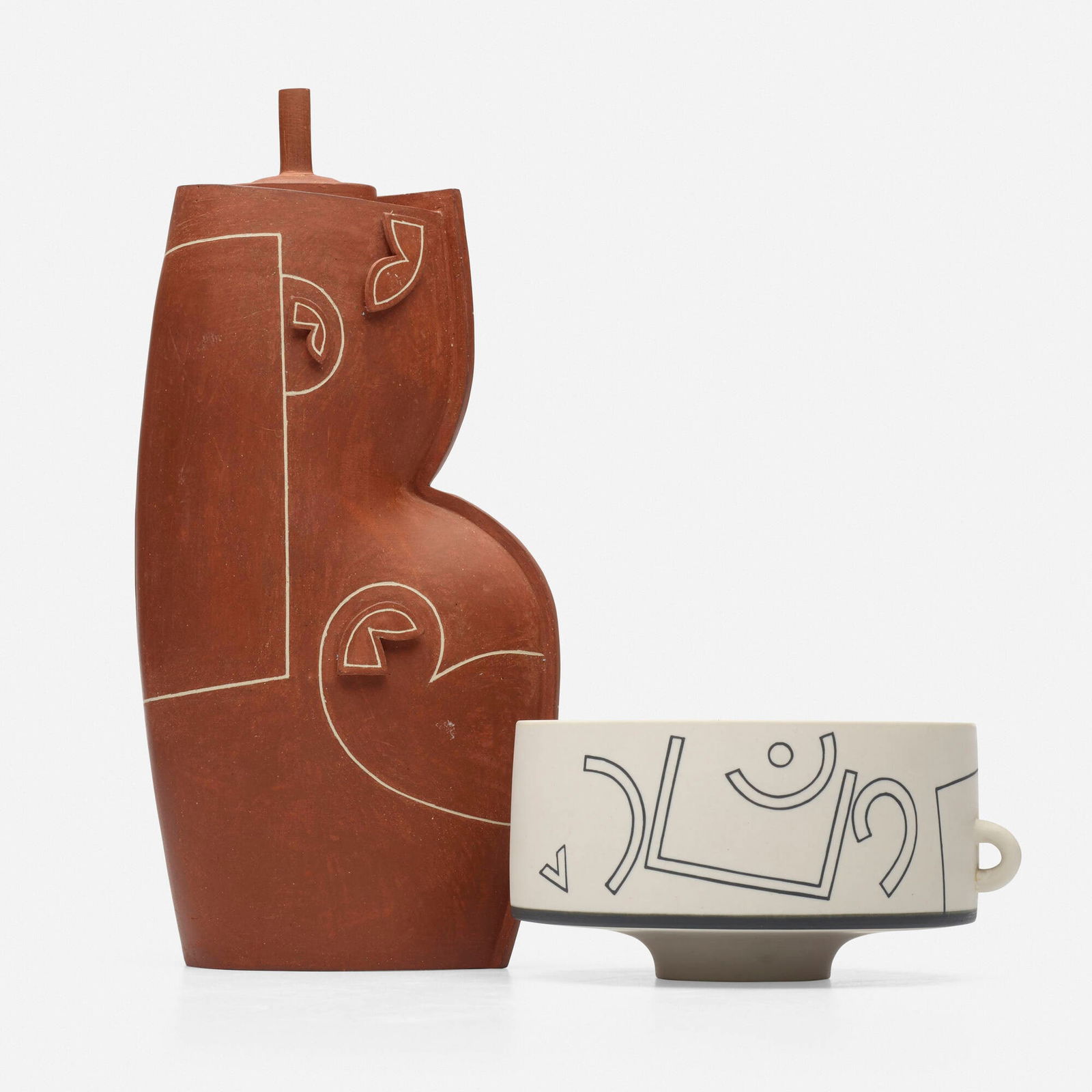 Nicholas Homoky, Vase and bowl: Nicholas Homoky Vase and bowl 1985porcelain, earthenware, and inlaid decoration 11.25 h x 5.5 w x 3.125 d in (29 x 14 x 8 cm) 3.125 h x 6.25 w x 5.5 d in (8 x 16 x 14 cm) Raised artist's in